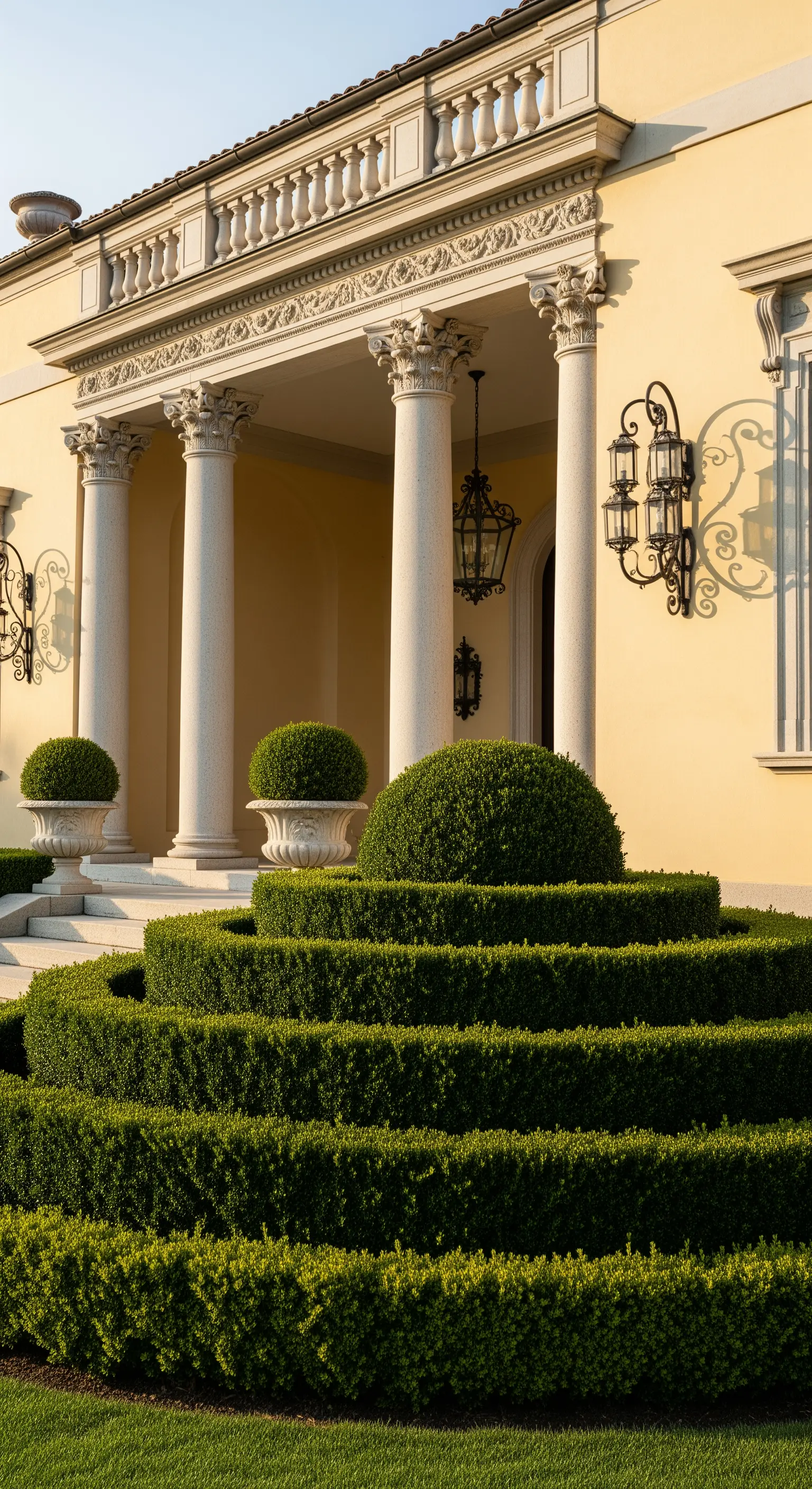 Portico classico con colonne corinzie e siepi scolpite a più livelli che creano un effetto a spirale