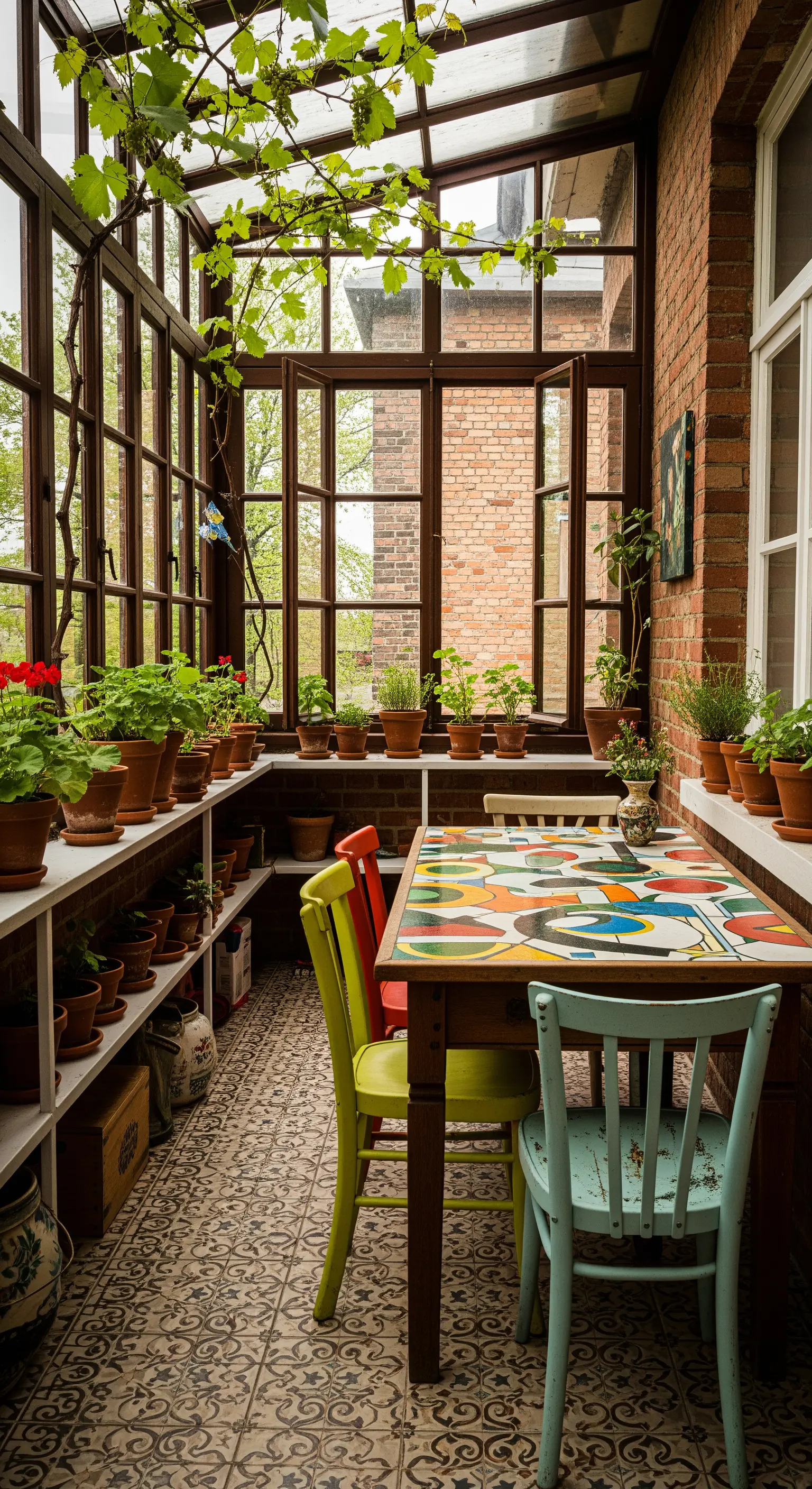 Veranda-serra con tavolo a mosaico colorato, sedie spaiate e tante piante.