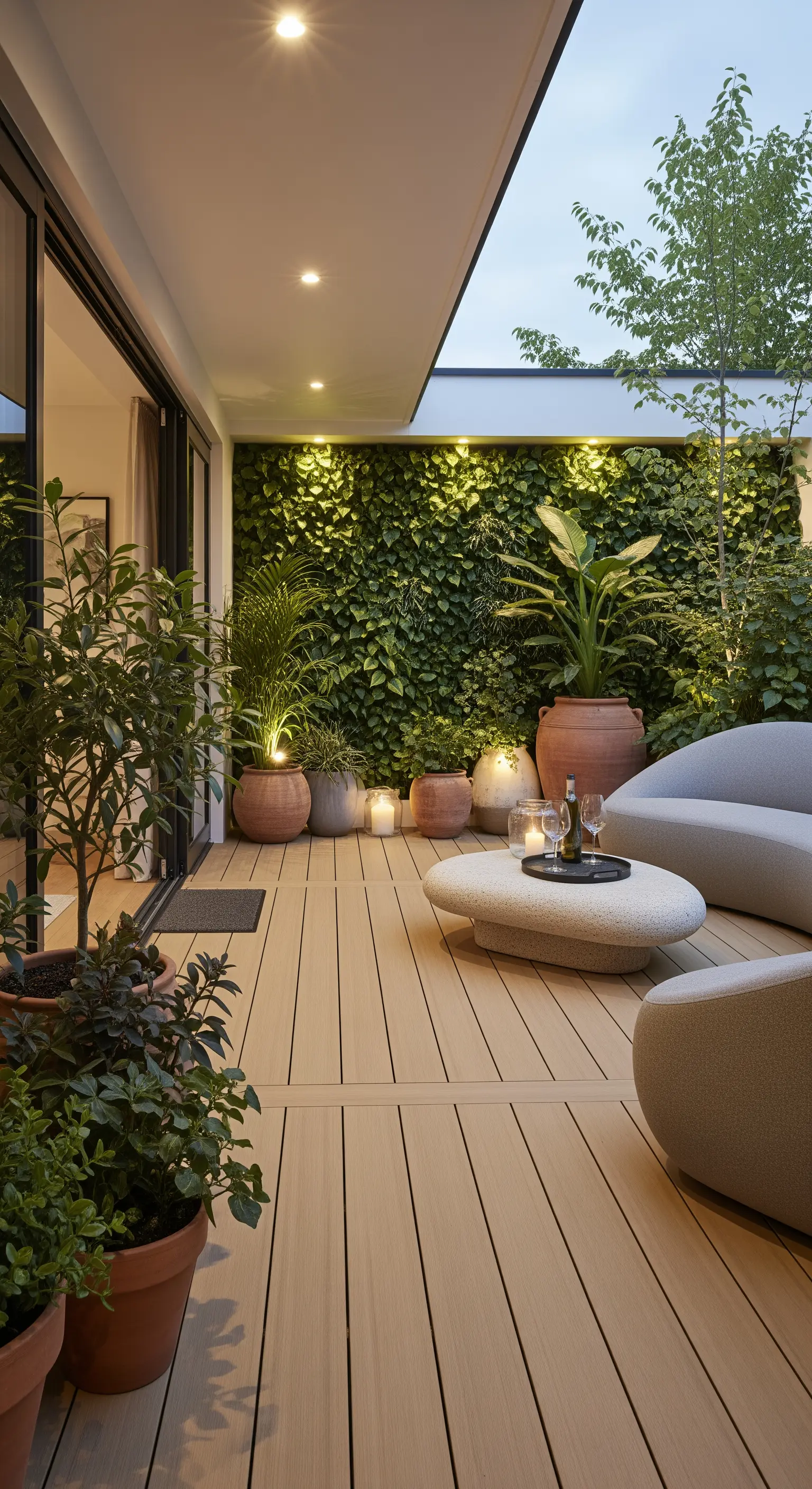 Patio semi-coperto con parete verde, vasi in terracotta e arredi moderni.