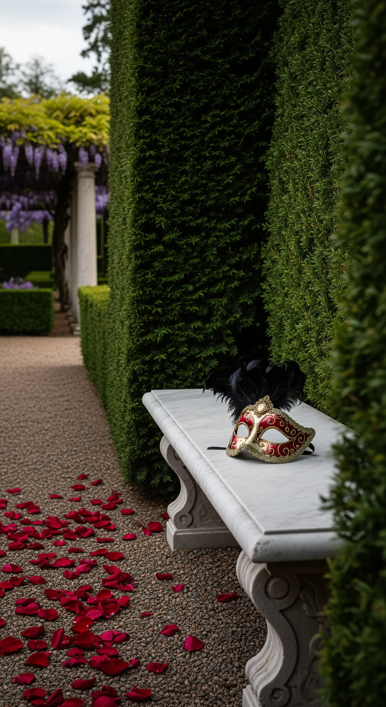 Maschera veneziana appoggiata su una panca di marmo in un giardino formale con siepi alte.