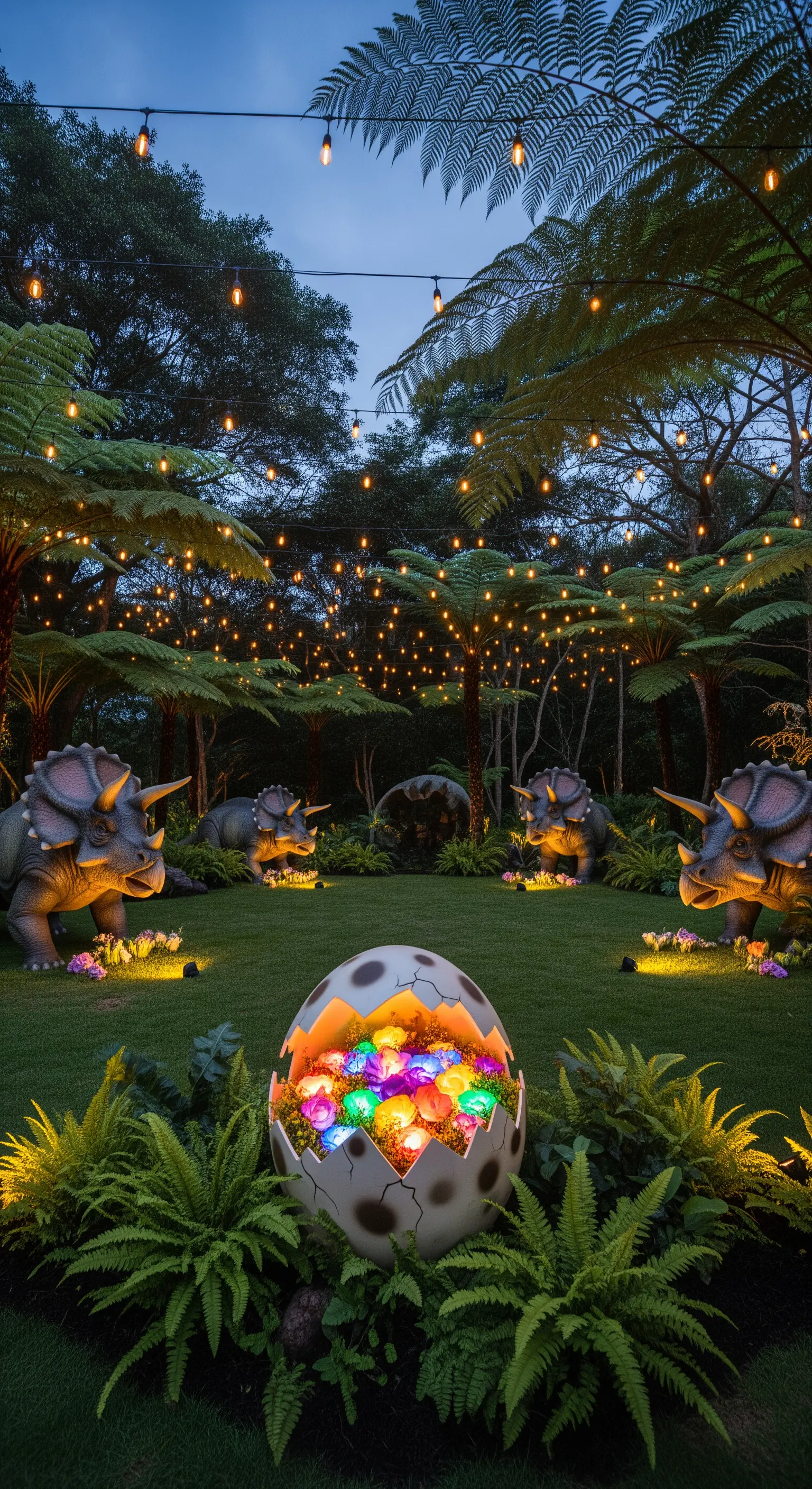 Giardino notturno con statue di triceratopi illuminate e un uovo gigante pieno di luci.