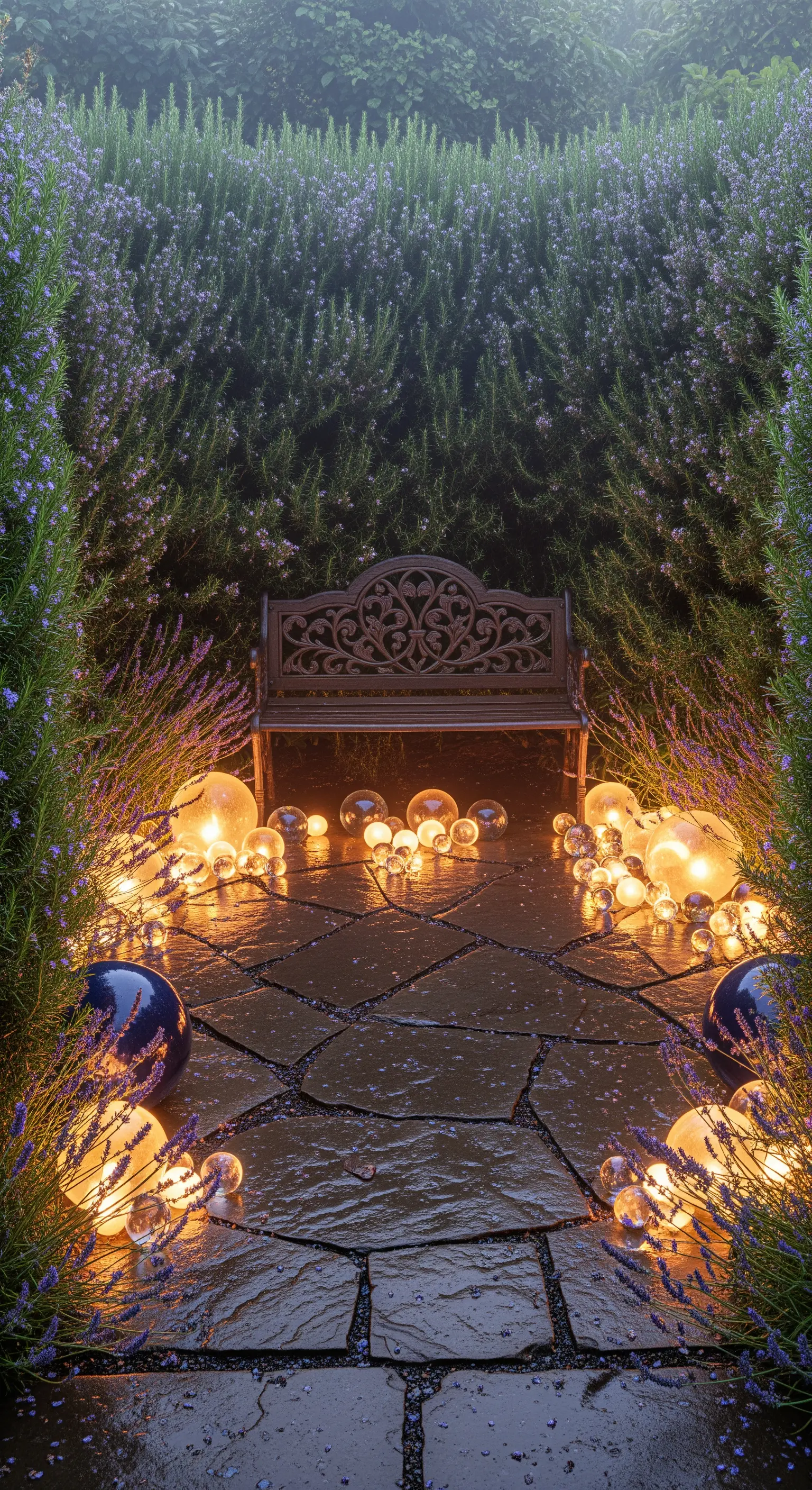 Panchina in ferro battuto in un angolo di giardino, circondata da sfere luminose di varie dimensioni a terra.