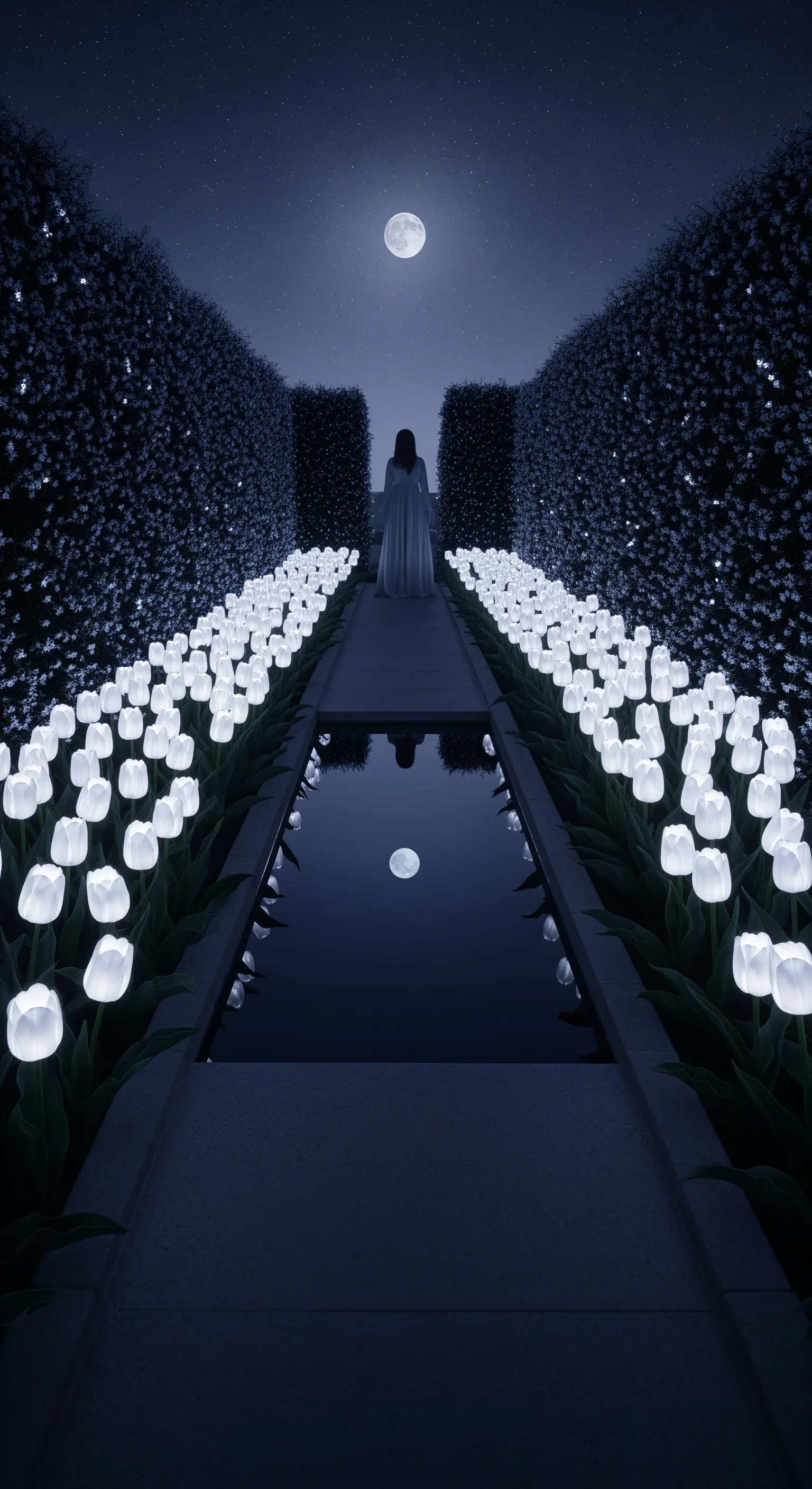 Giardino notturno con tulipani bianchi luminosi, una vasca d'acqua che riflette la luna piena.