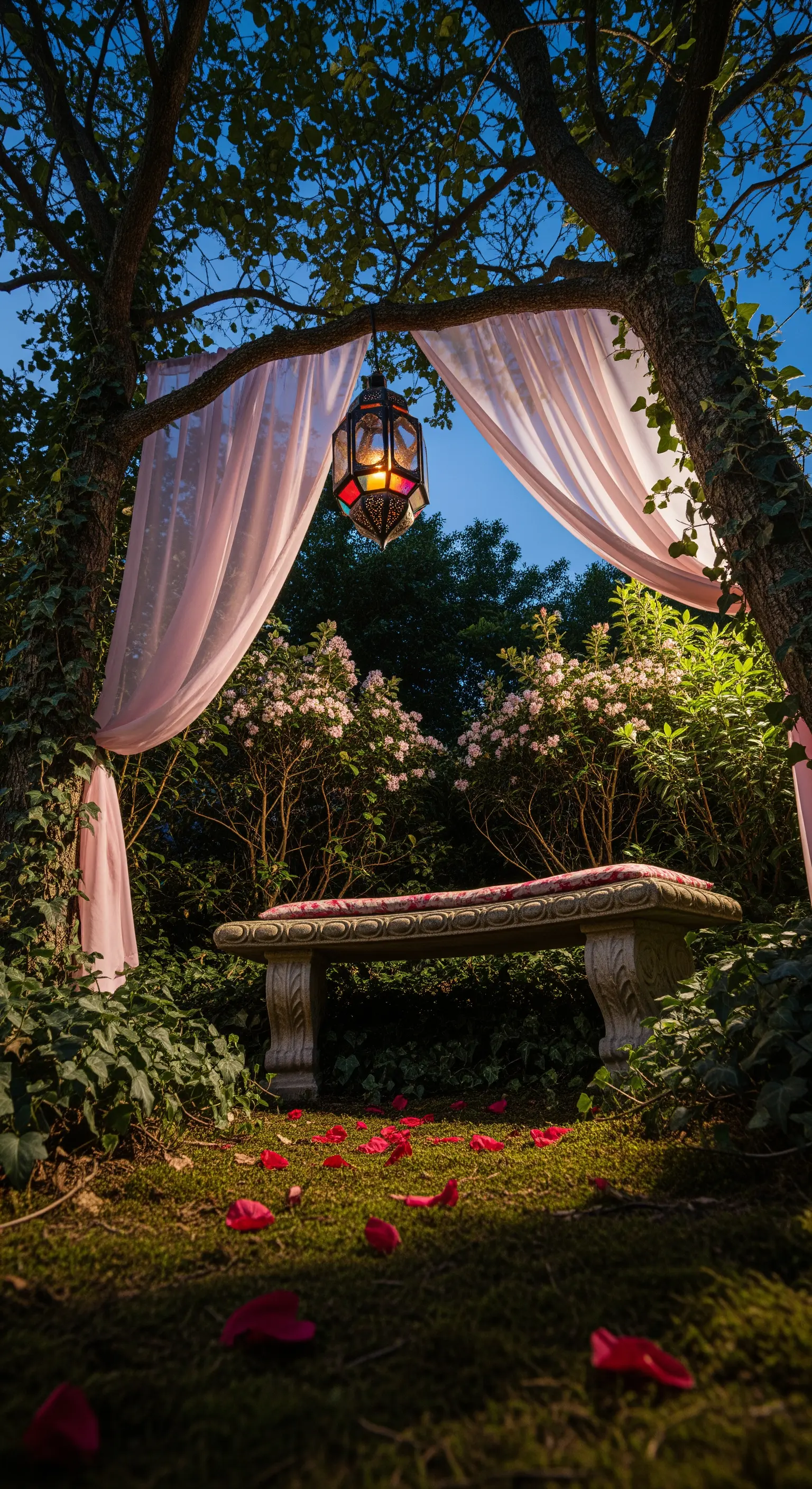 Panca in pietra in un giardino, incorniciata da tende rosa e illuminata da una lanterna marocchina.