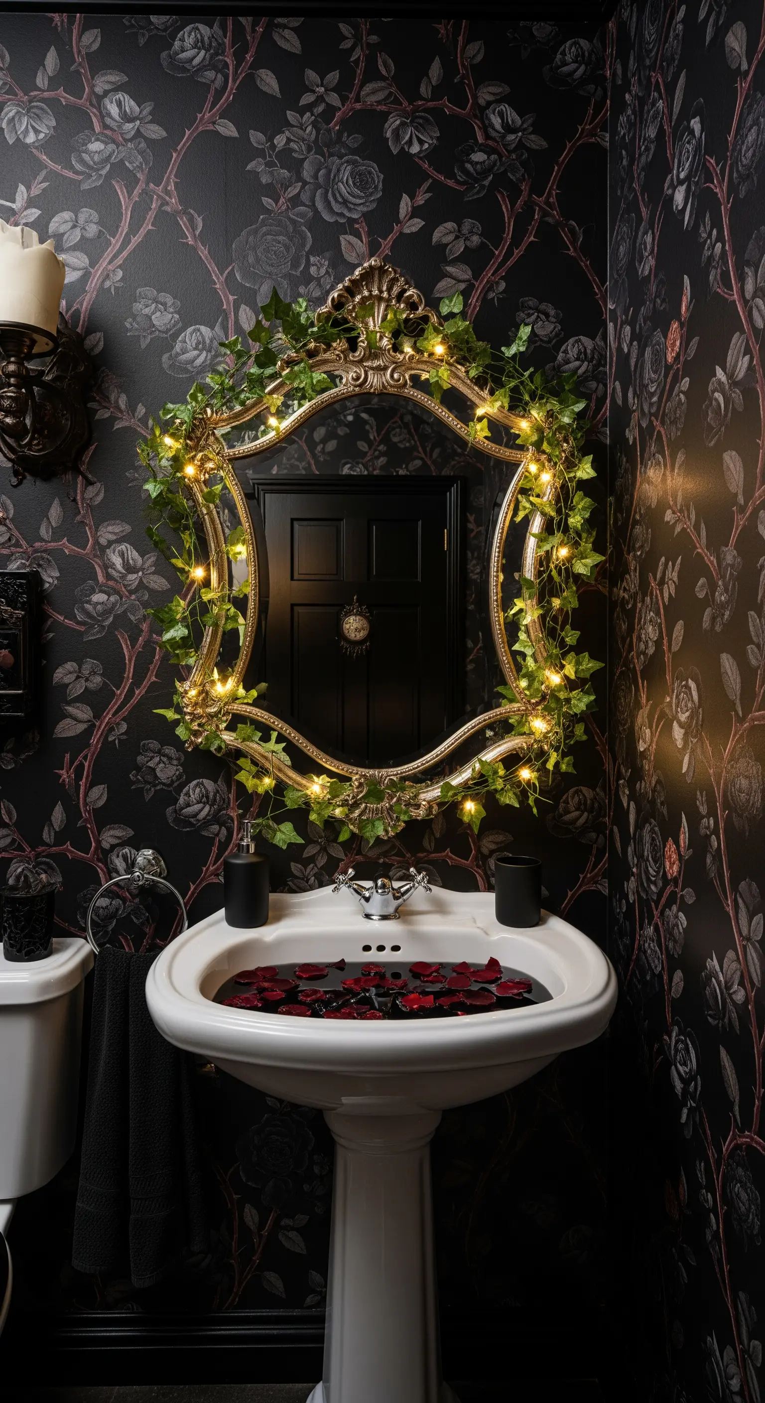 Specchio barocco decorato con edera e lucine, su una parete con carta da parati a rose nere