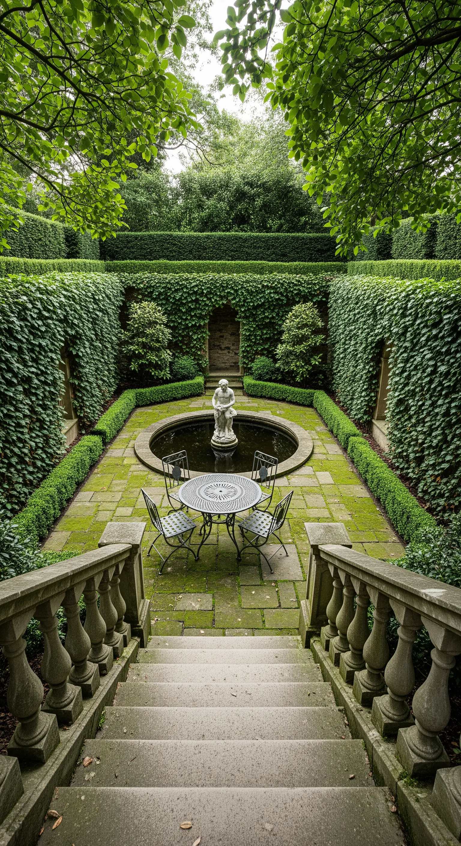 Vista dall'alto di un giardino sommerso con fontana, circondato da alte pareti di edera.