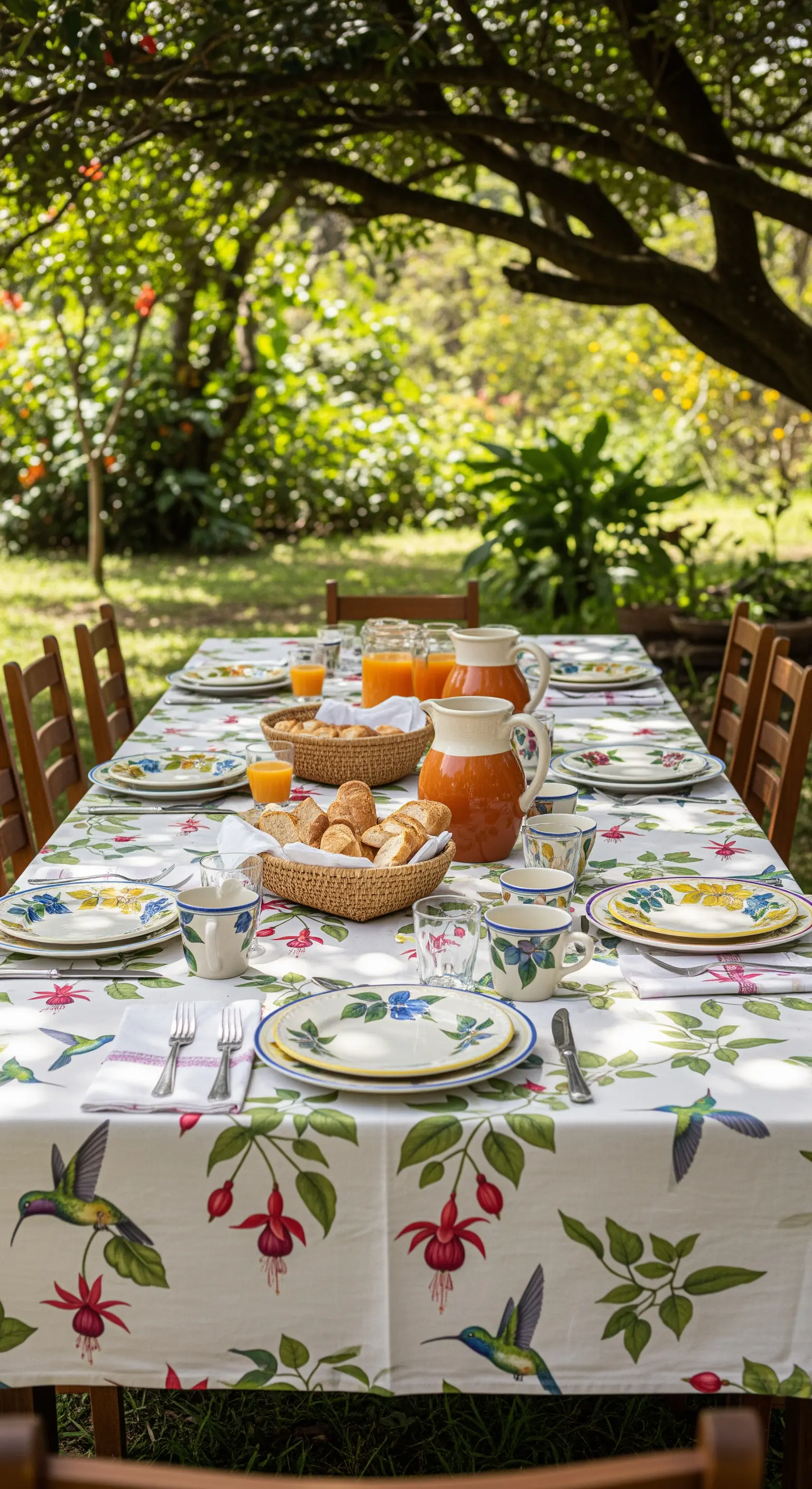 Tavolata in giardino con tovaglia a motivi di colibrì e fiori di fucsia.