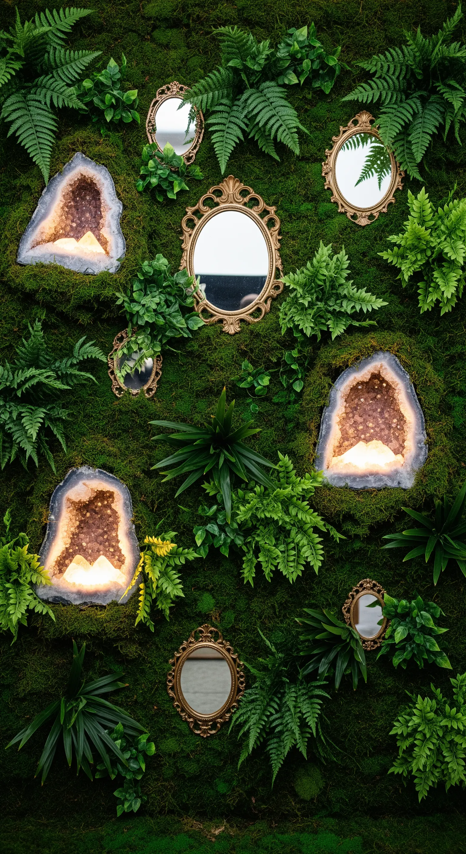 Parete verde con muschio, felci, specchi vintage e geodi di cristallo retroilluminati.