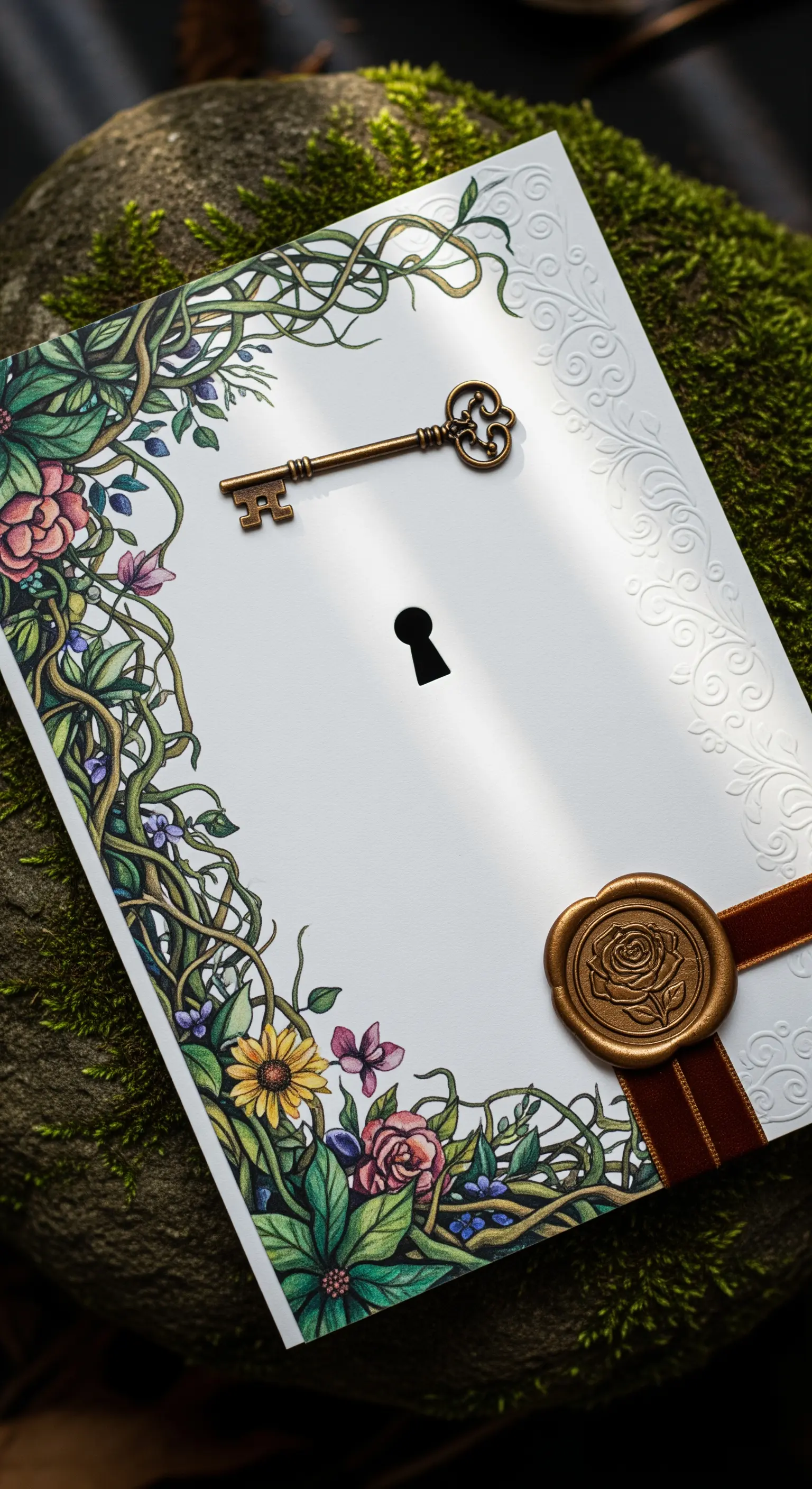 Invito con cornice floreale disegnata, una chiave antica e un foro a forma di serratura.