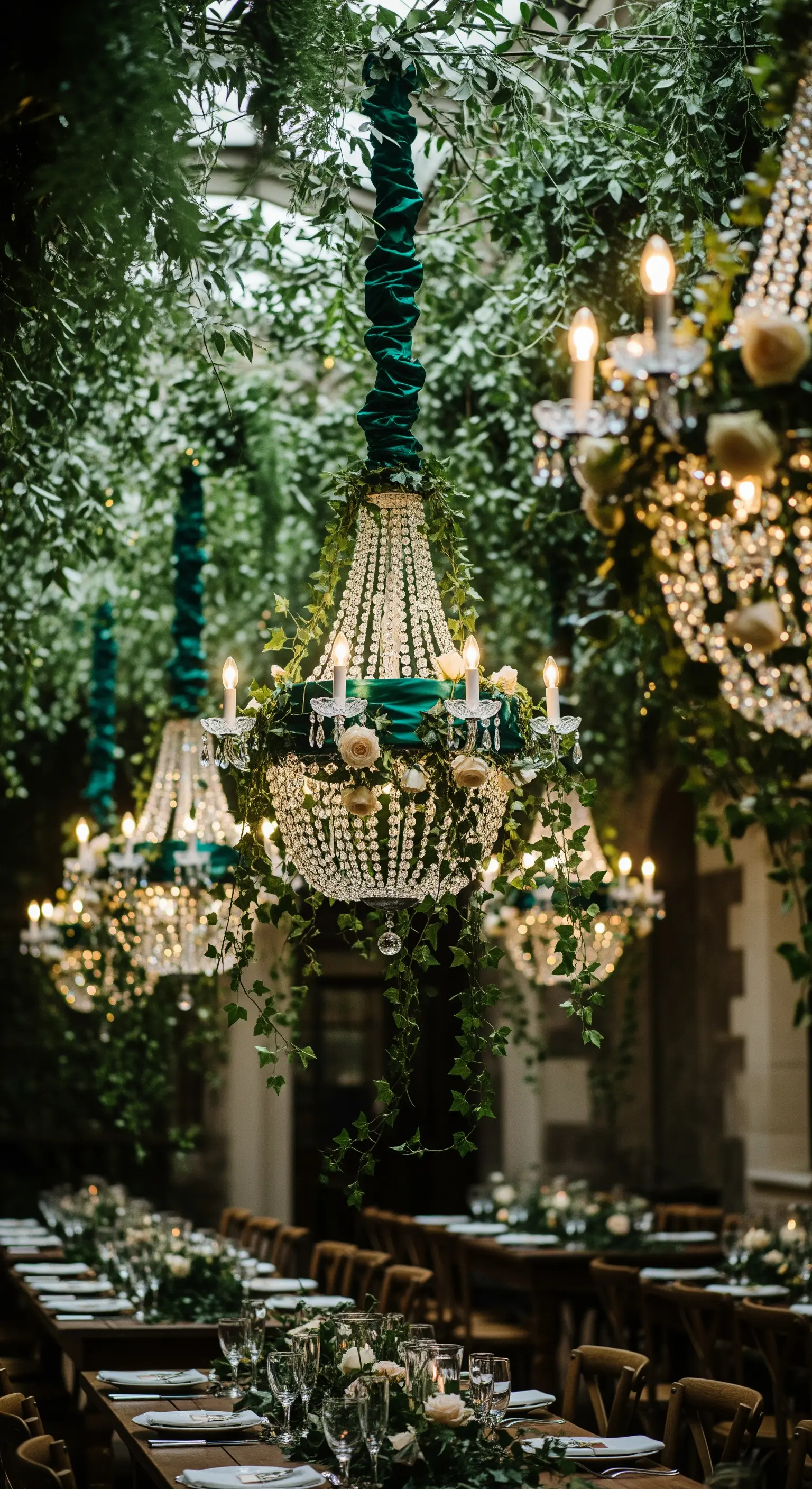 Chandelier di cristallo decorati con edera rampicante e drappi verdi, sospesi in un ambiente lussureggiante.