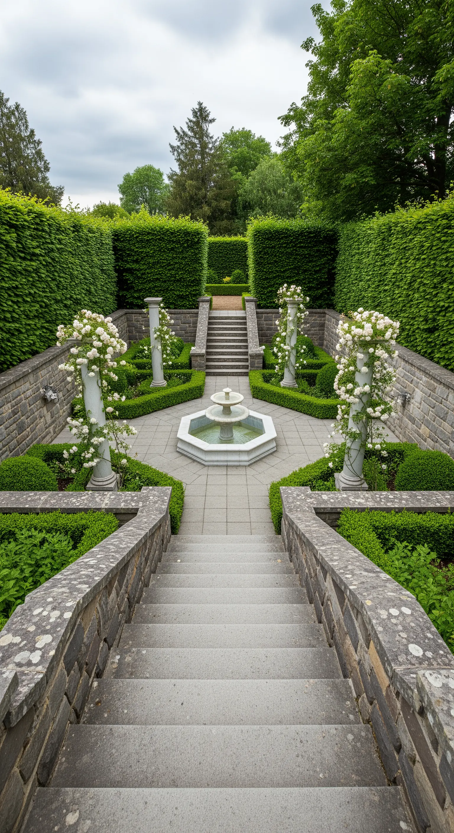 Giardino a terrazze con una scala centrale che scende verso una fontana ottagonale e colonne bianche fiorite