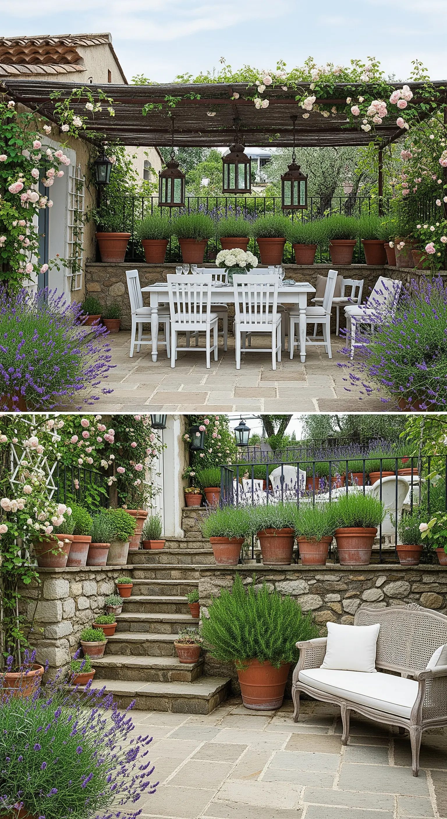 Patio a più livelli con scale in pietra, pergola, e numerosi vasi di lavanda e rose.