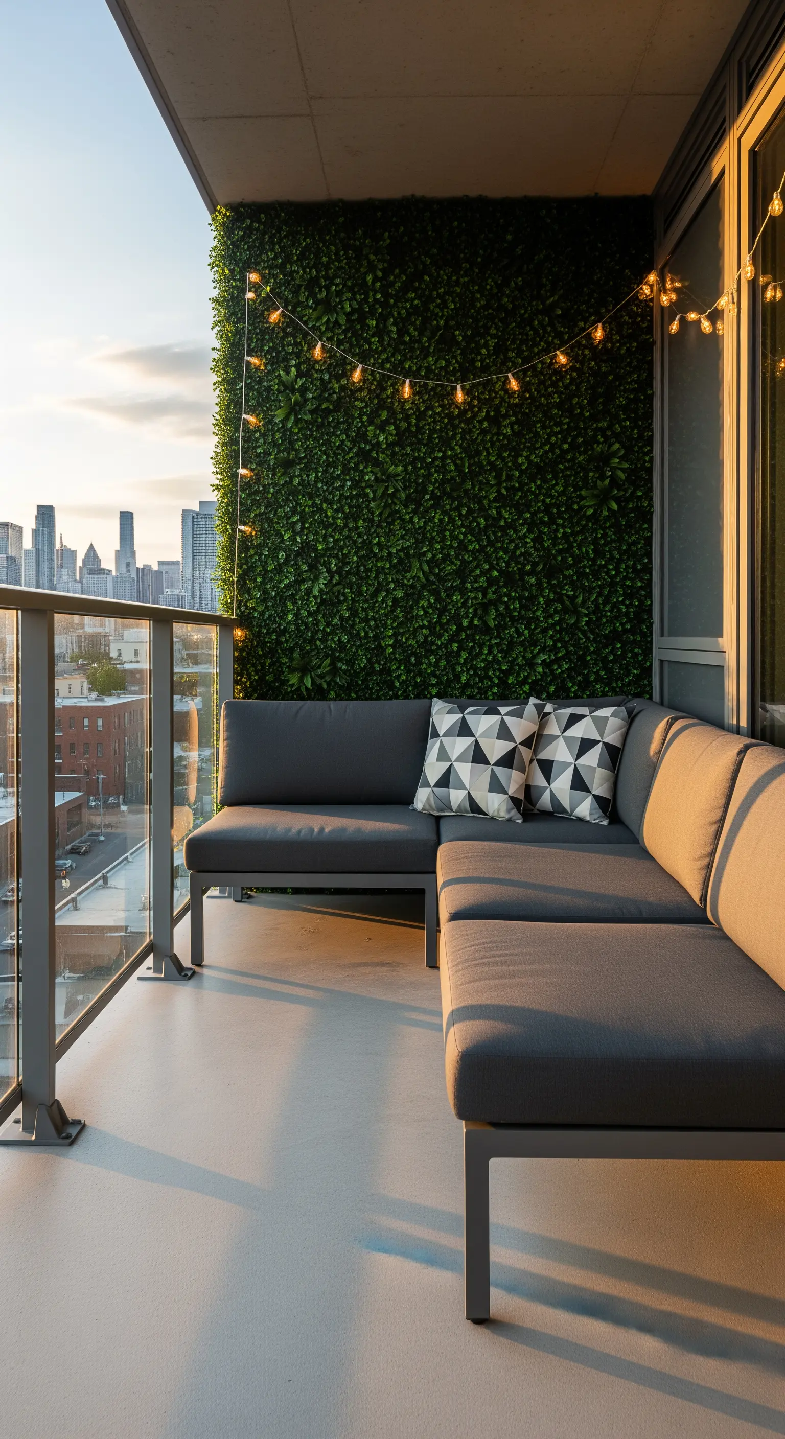 Balcone con parete verde artificiale, divano modulare grigio e luci a stringa al tramonto.