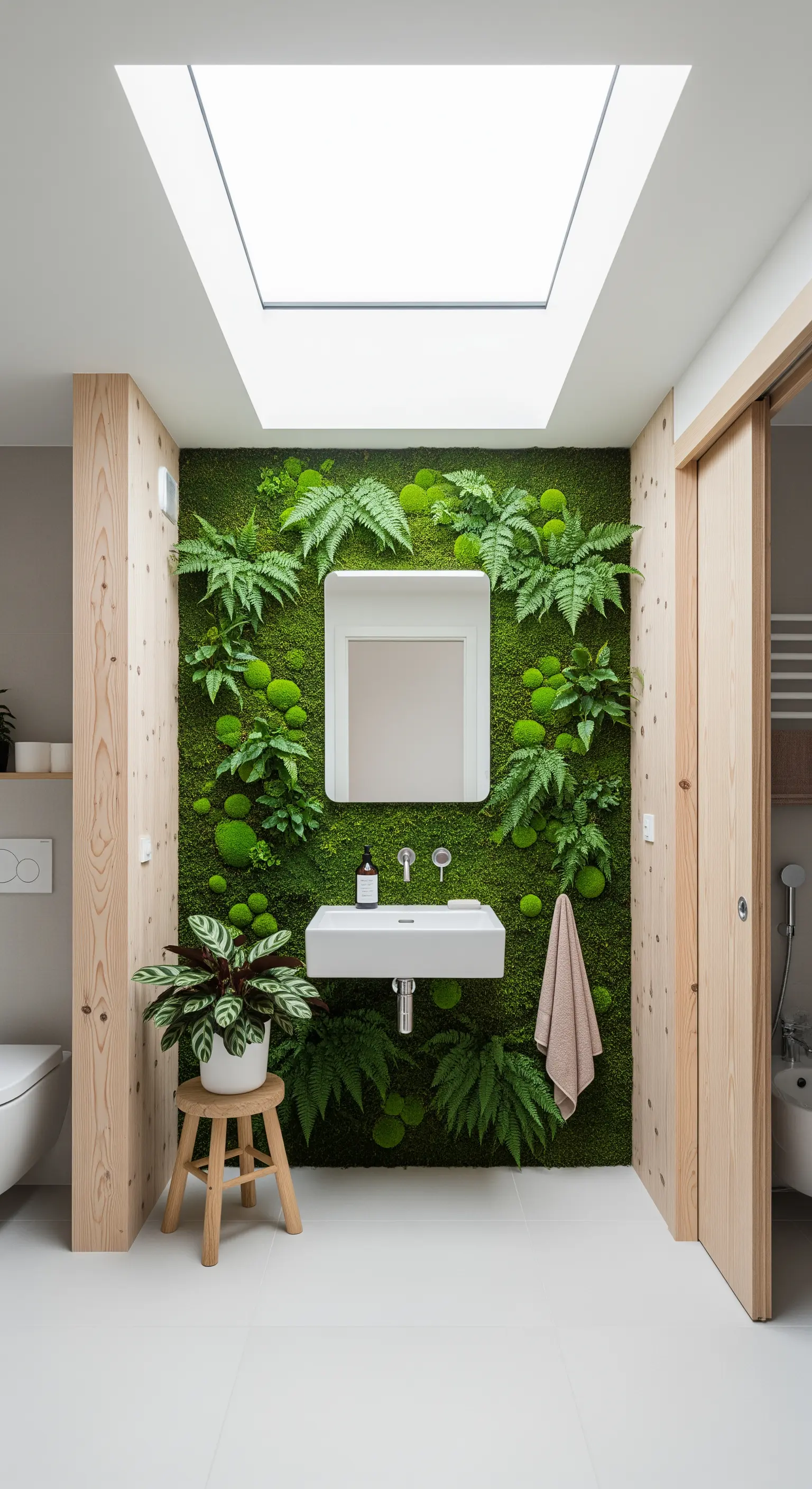 Parete di muschio e felci dietro un lavabo sospeso, illuminata da un lucernario.