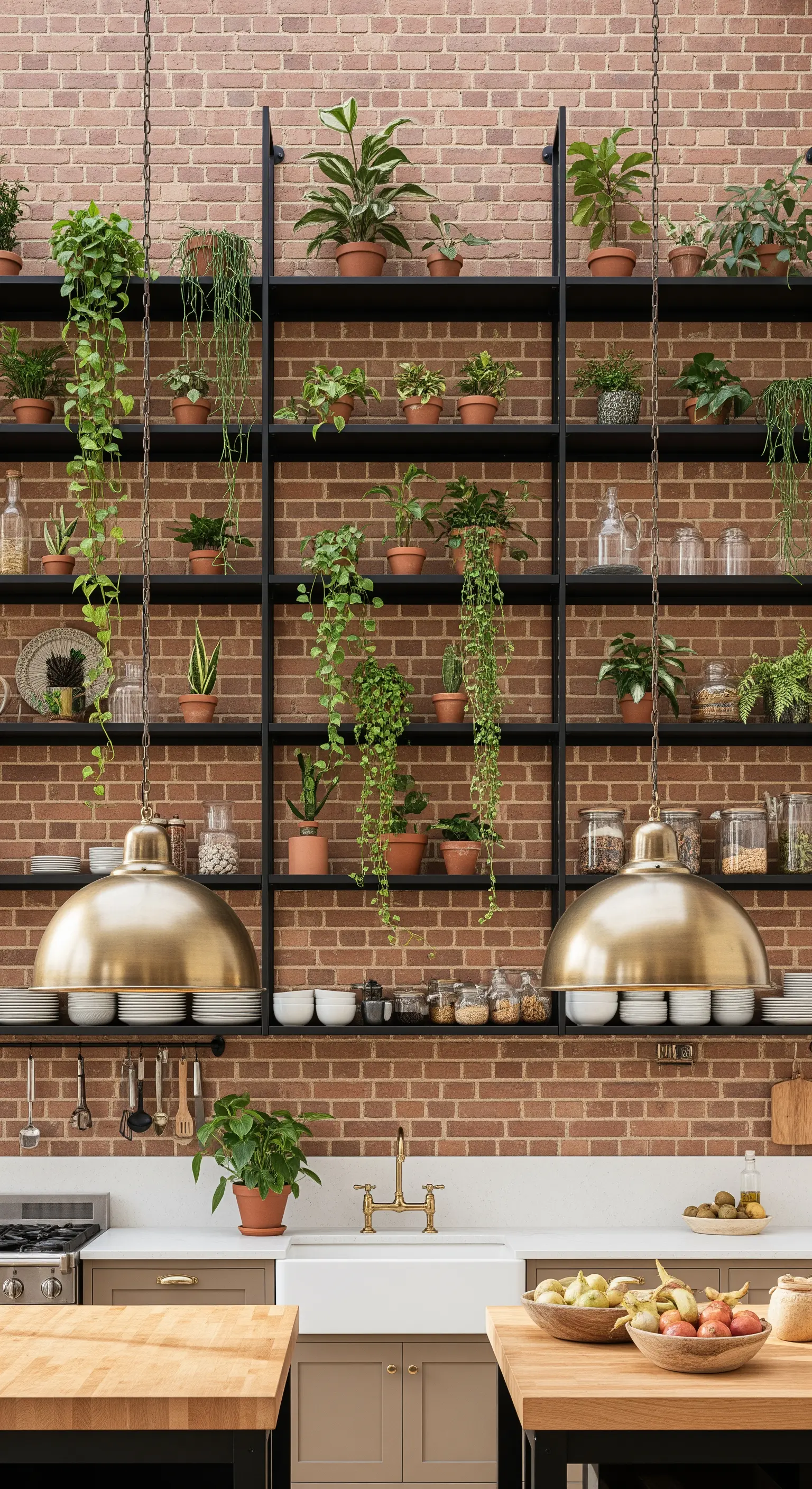 Parete in mattoni con scaffalature nere piene di piante e lampade in ottone.