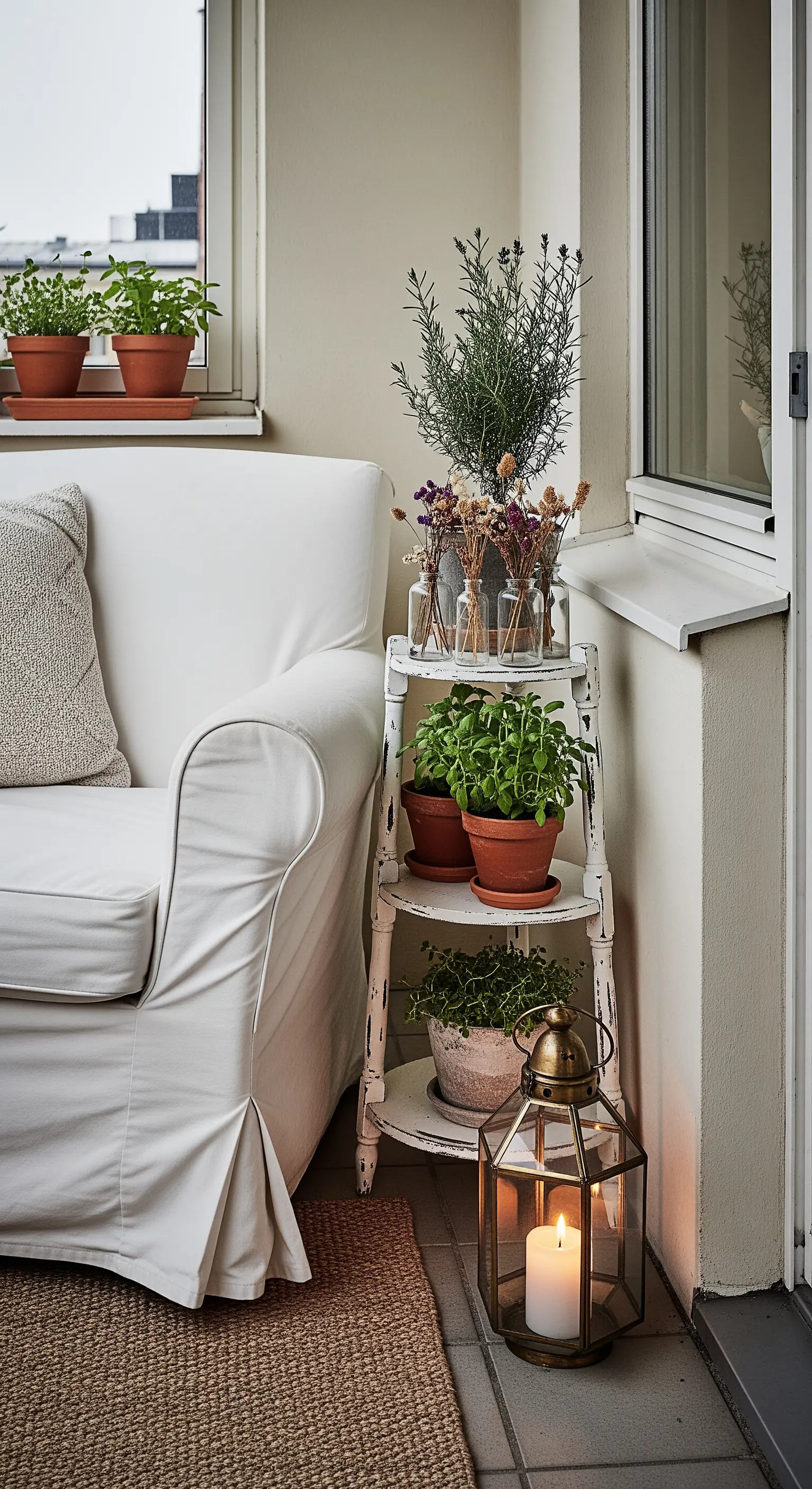 Angolo veranda con divano bianco, scaletta decapata con piante e lanterna in ottone.