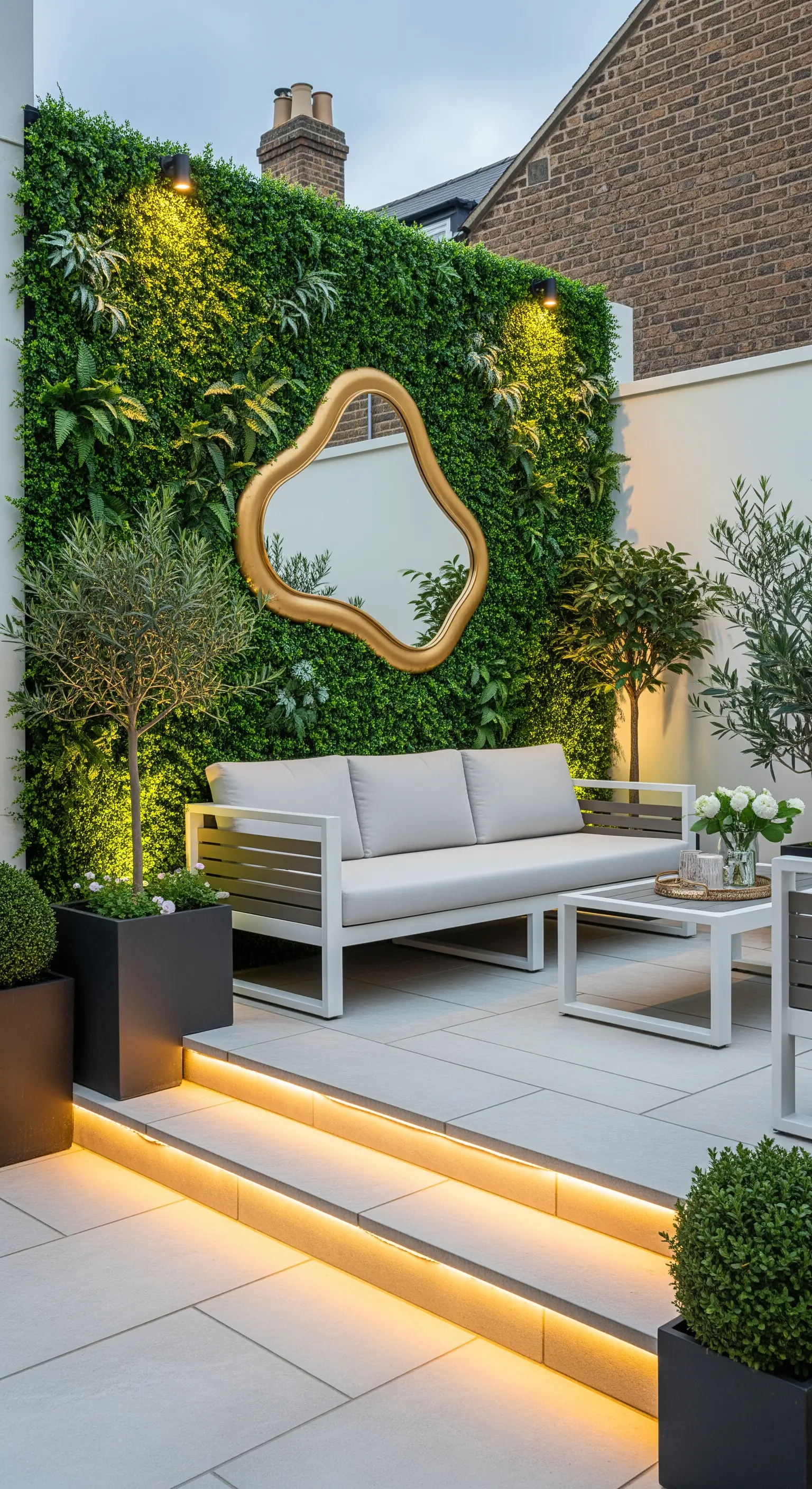 Patio moderno con parete verde verticale, specchio dorato organico e gradini illuminati con LED