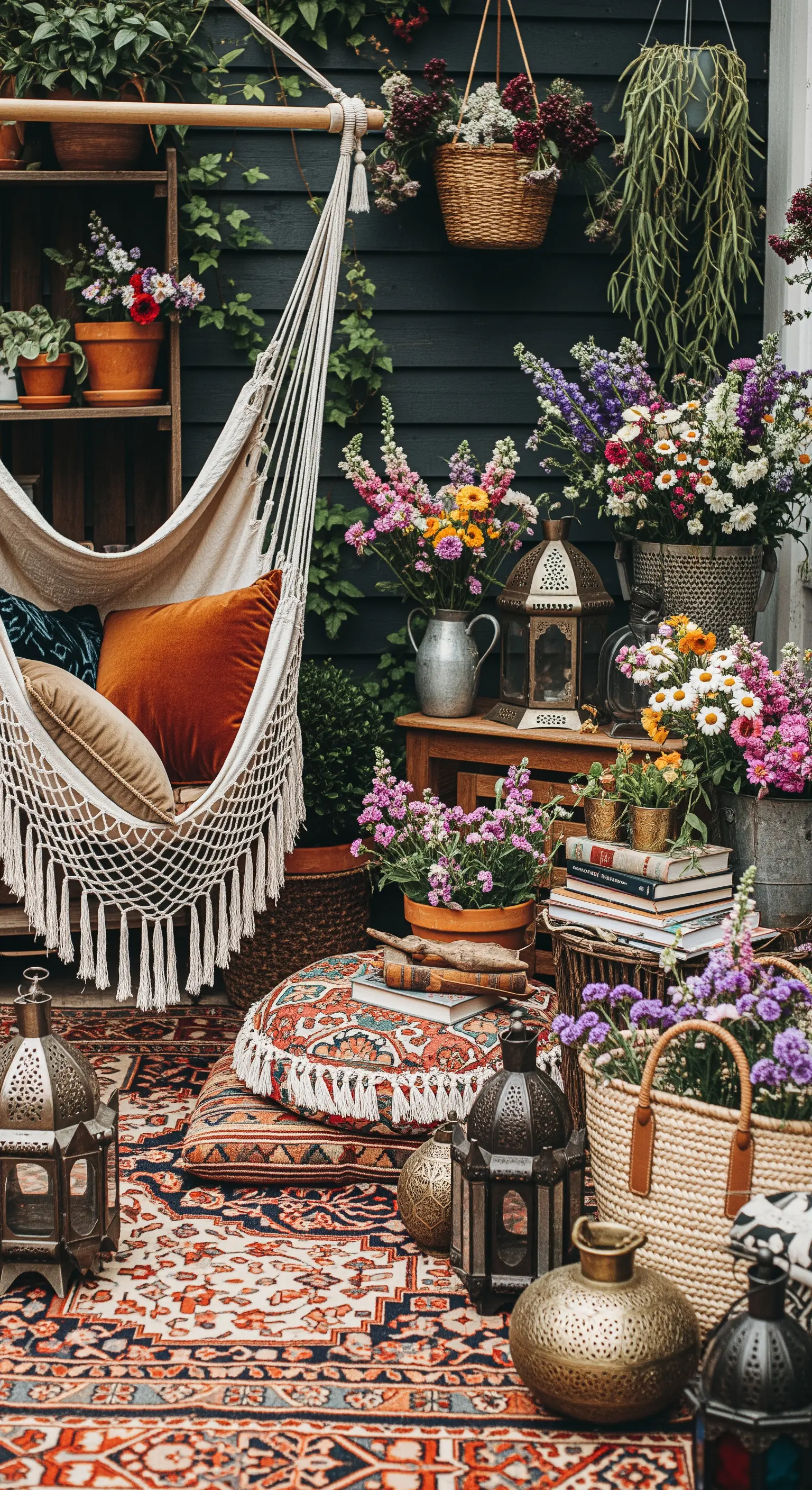 Angolo bohémien con amaca, tappeto kilim e una parete ricca di fiori e piante.