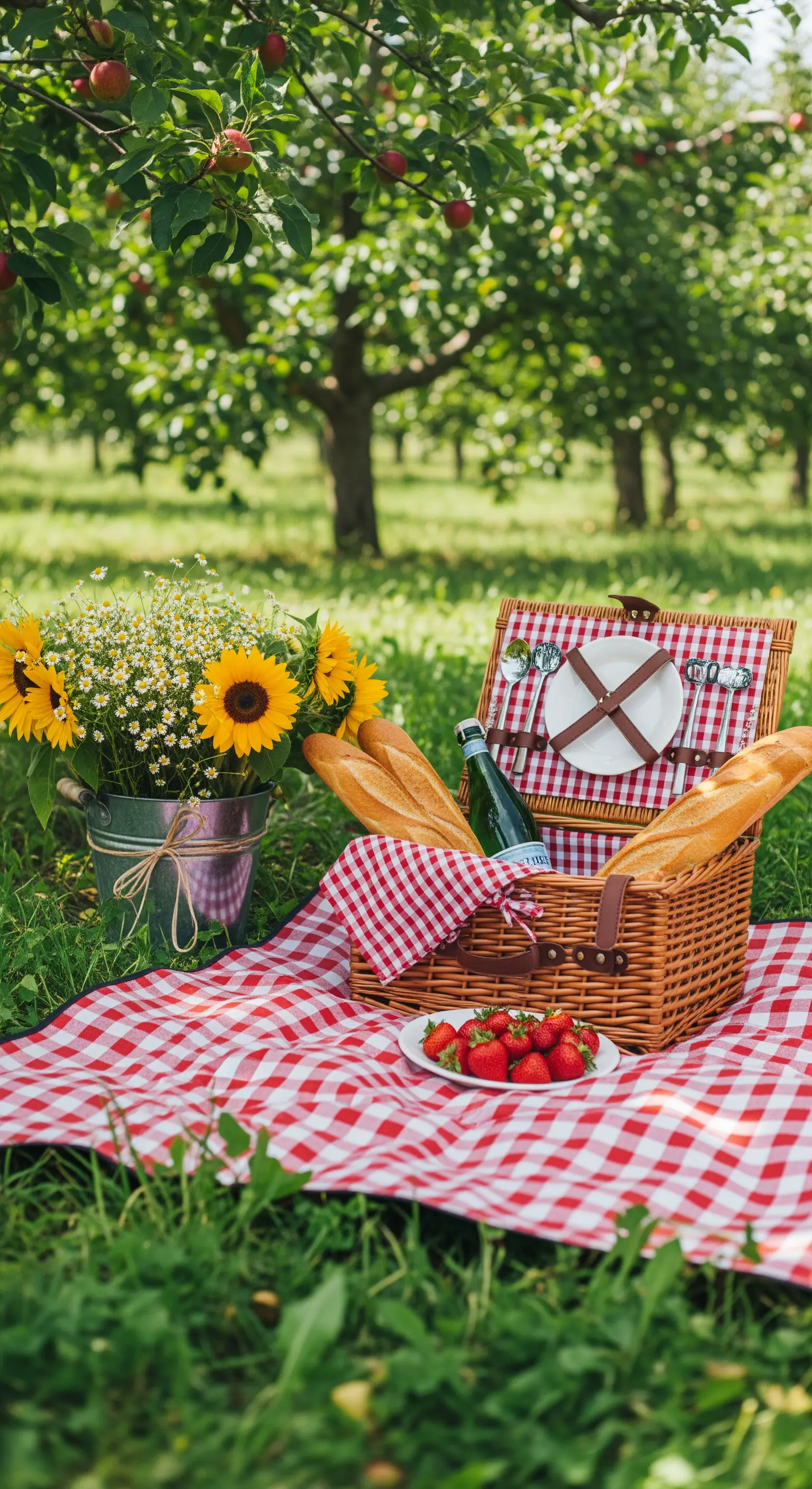 Picnic classico con coperta a quadri rossi e bianchi, cestino di vimini e girasoli