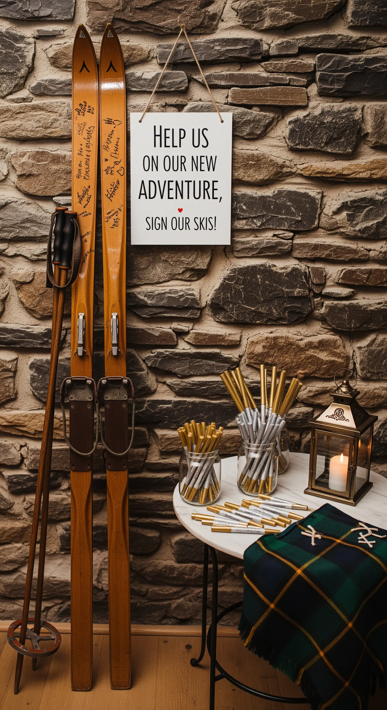 Un paio di sci in legno vintage usati come guest book, con pennarelli dorati per le firme.