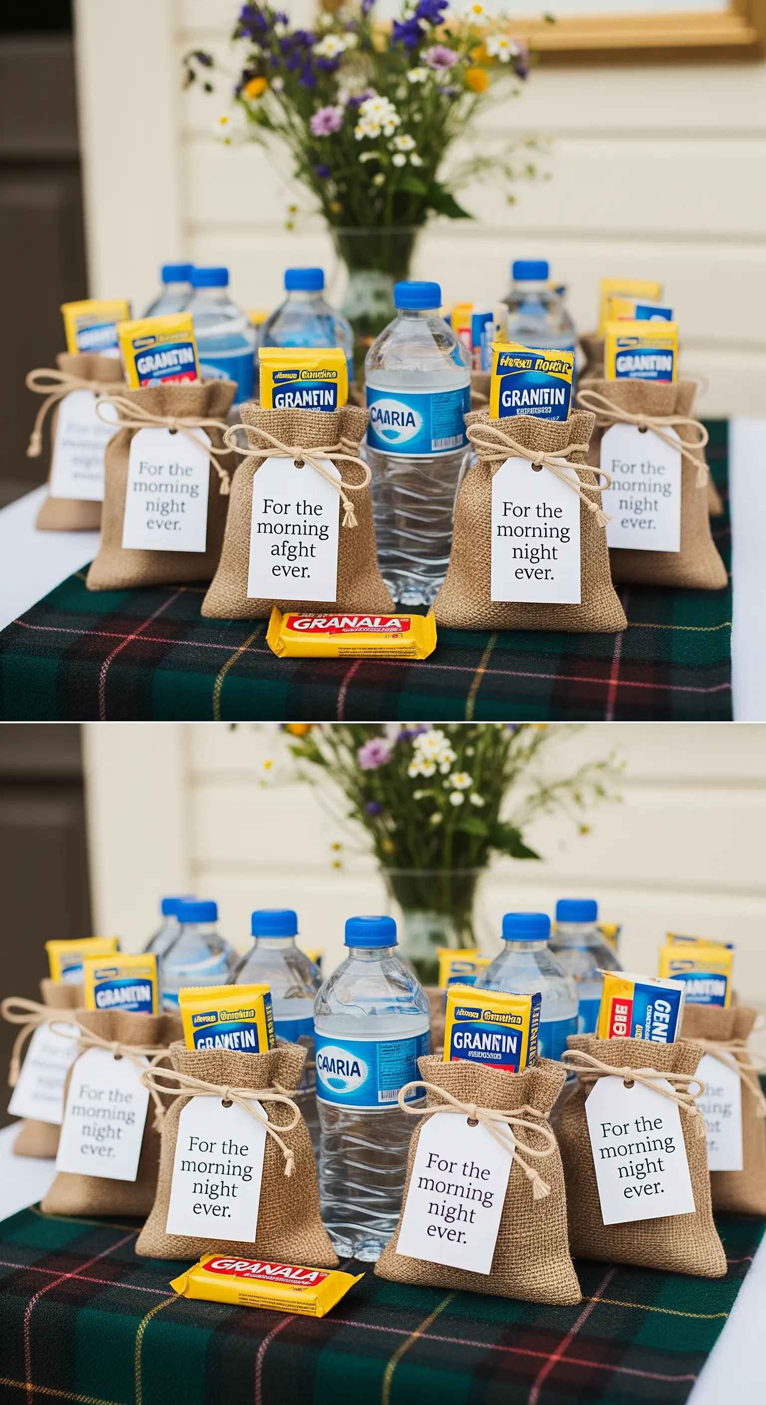 Sacchetti di juta con etichetta “For the morning night ever”, contenenti un kit per il dopo festa.