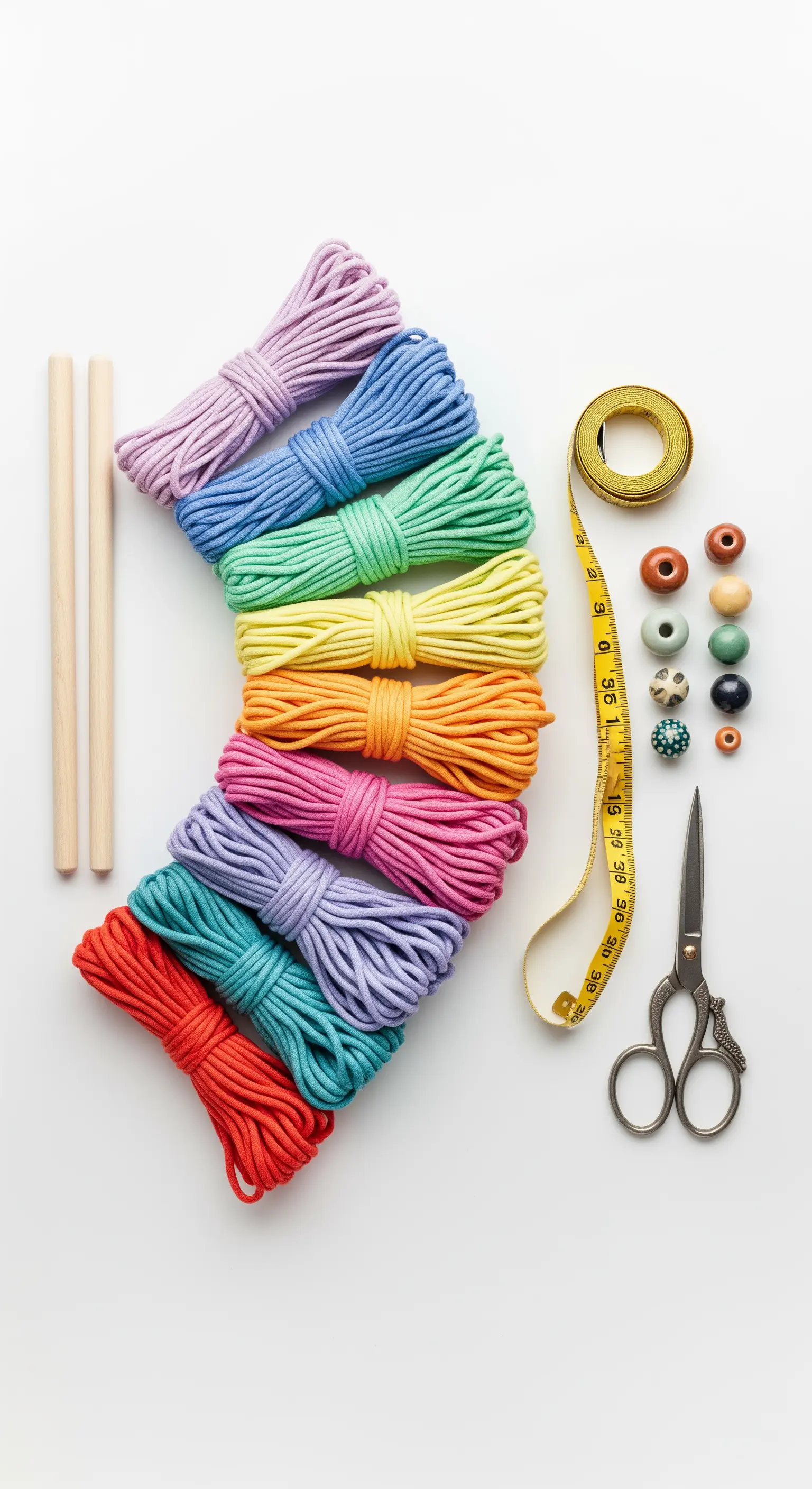 Kit per macramè con corde colorate, bastoncini di legno, perline, metro e forbici.