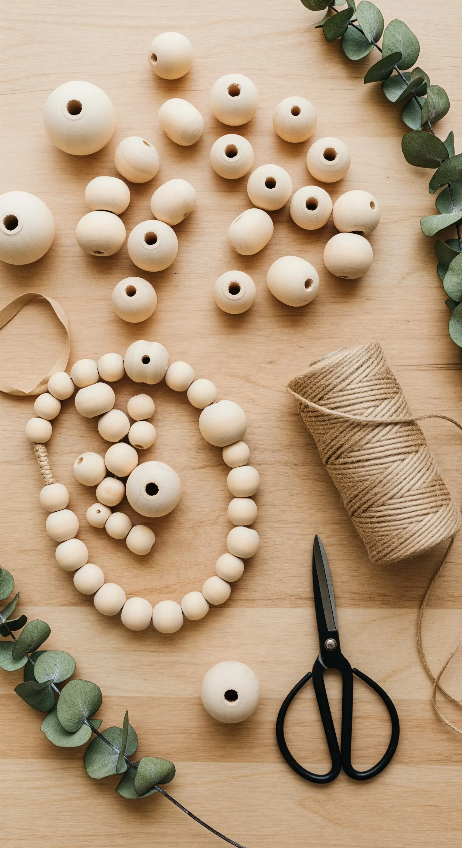 Materiali per progetti DIY: perline di legno, spago di iuta, forbici e rami di eucalipto.