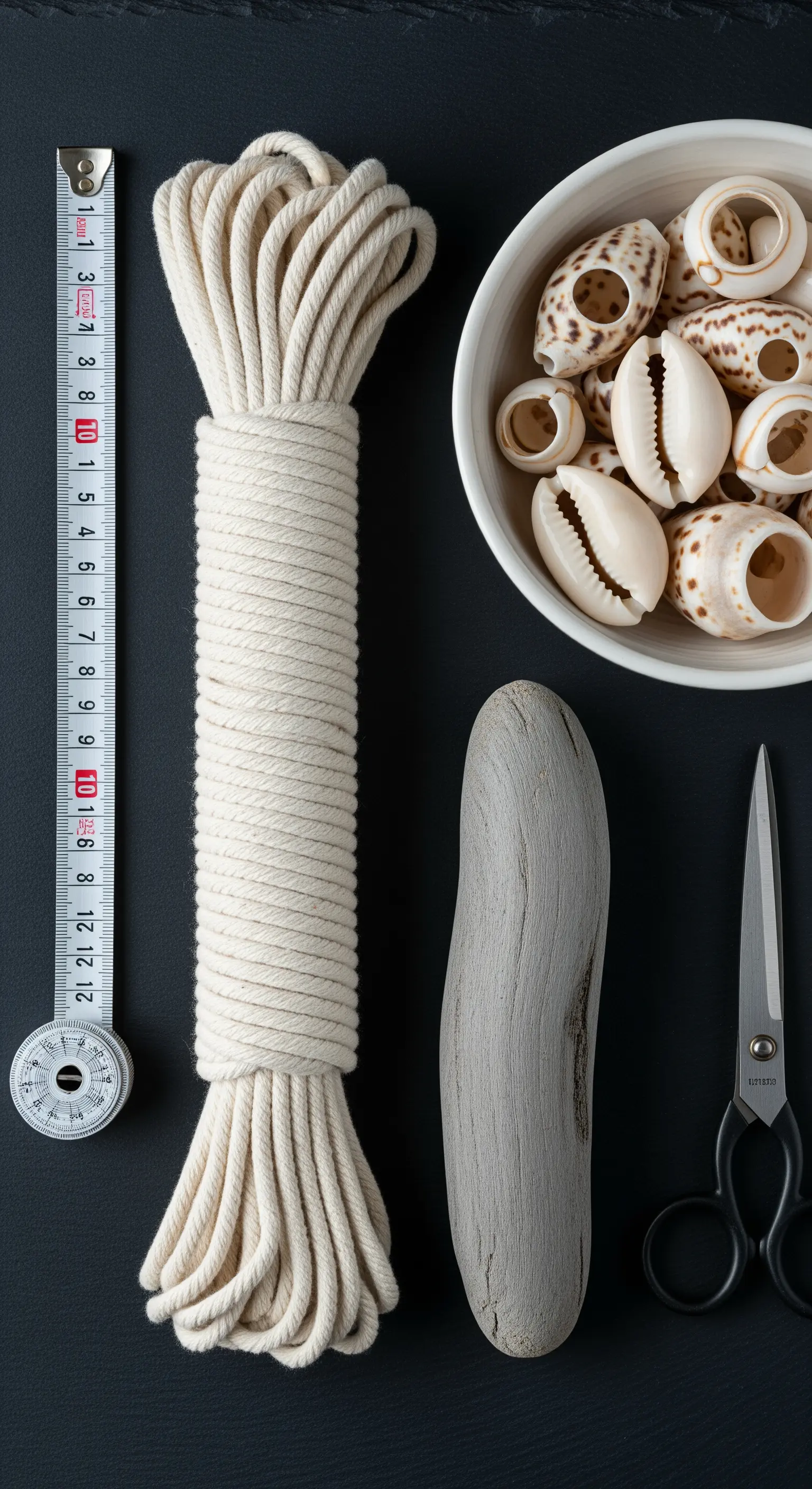 Materiali per un progetto macramè: corda di cotone, conchiglie ciprea e legno di mare.