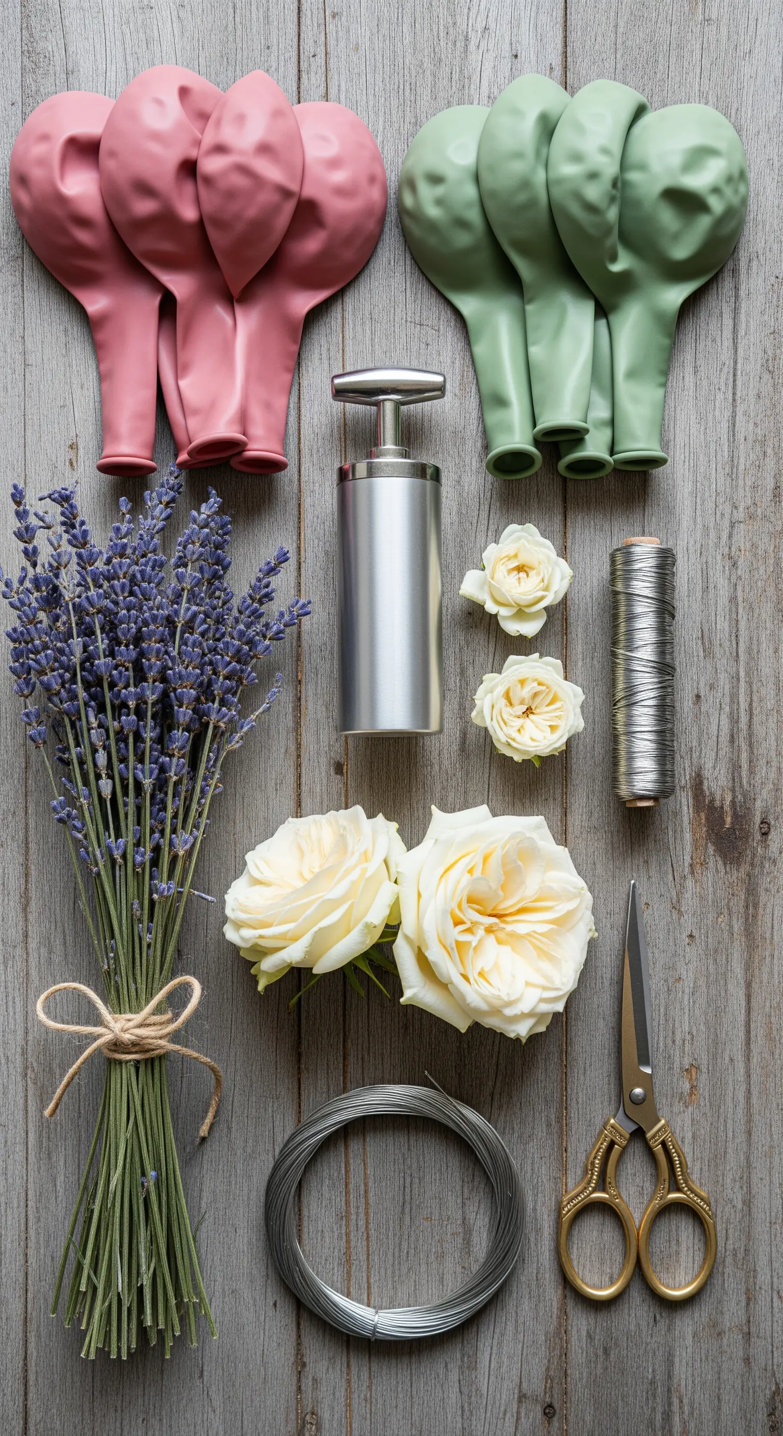 Kit fai-da-te per bouquet di palloncini: lavanda, rose bianche, filo metallico e forbici.