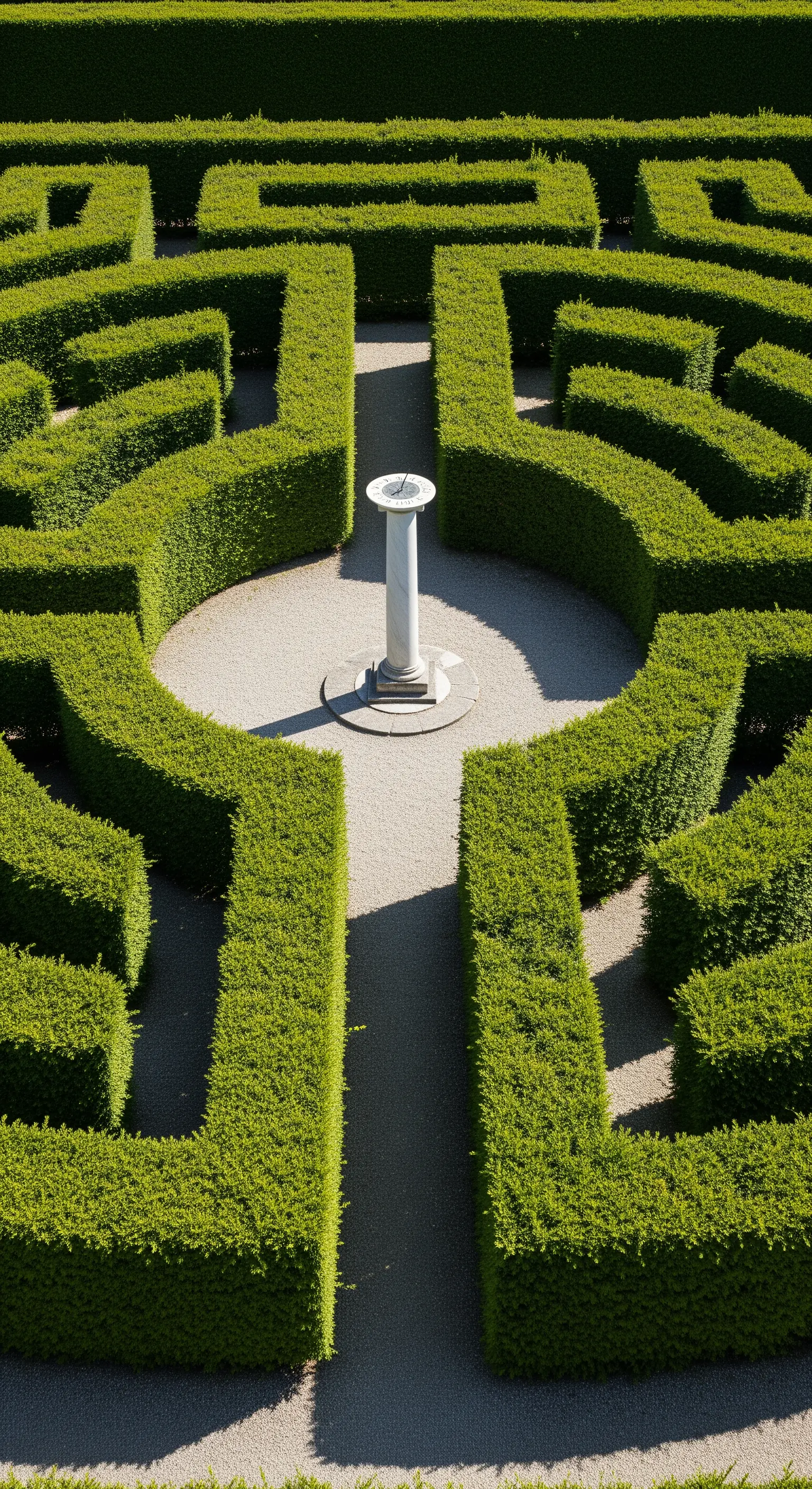 Labirinto circolare di siepi di bosso con al centro una meridiana su una colonna di marmo
