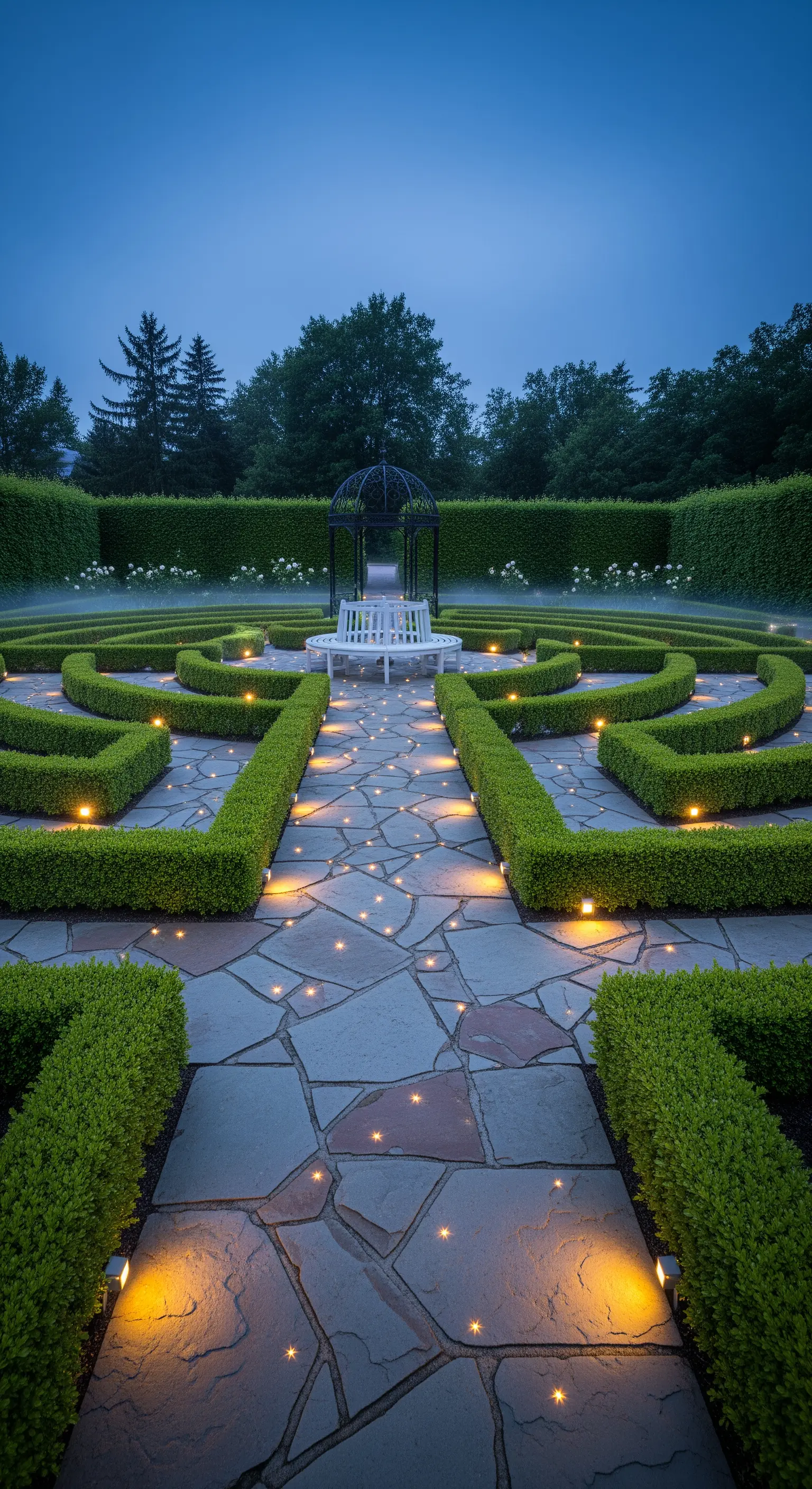 Giardino formale con siepi geometriche e un gazebo, illuminato da faretti a incasso nel pavimento in pietra.