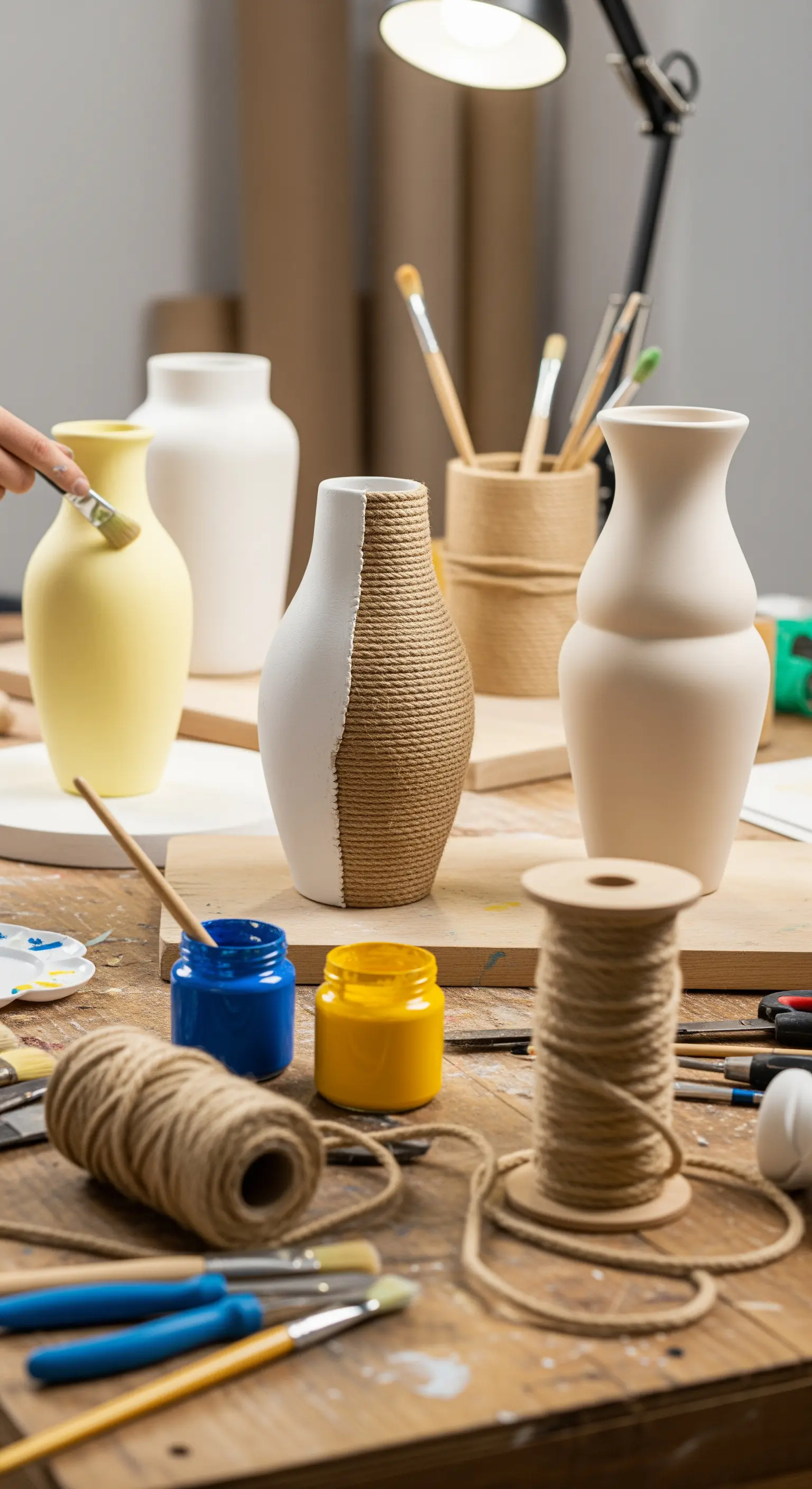 Un tavolo da lavoro con vasi in terracotta in fase di decorazione con pittura e corde.