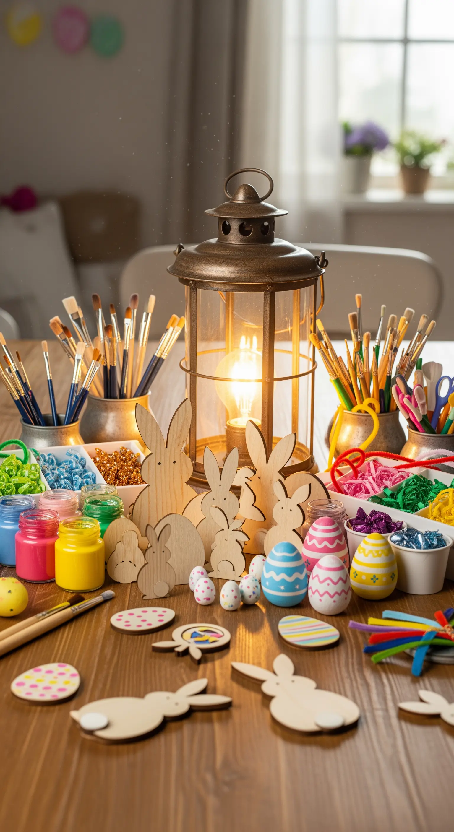 Tavolo allestito per attività creative pasquali con colori, uova e sagome di legno da dipingere.