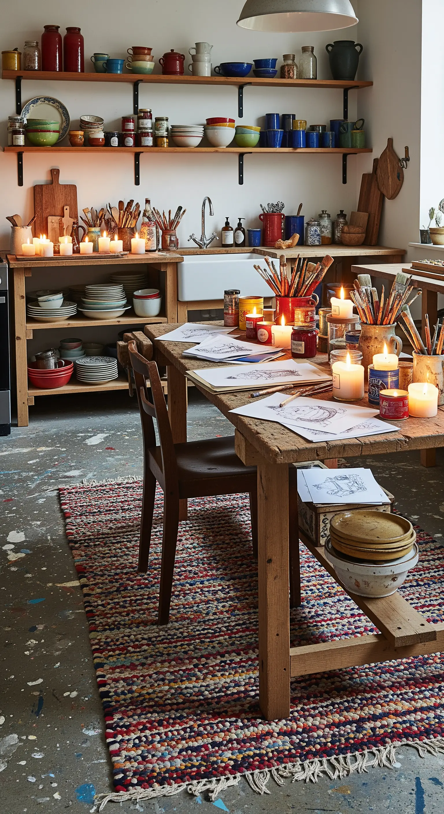 Cucina-laboratorio con tavolo da lavoro, mensole a vista e un colorato tappeto patchwork.