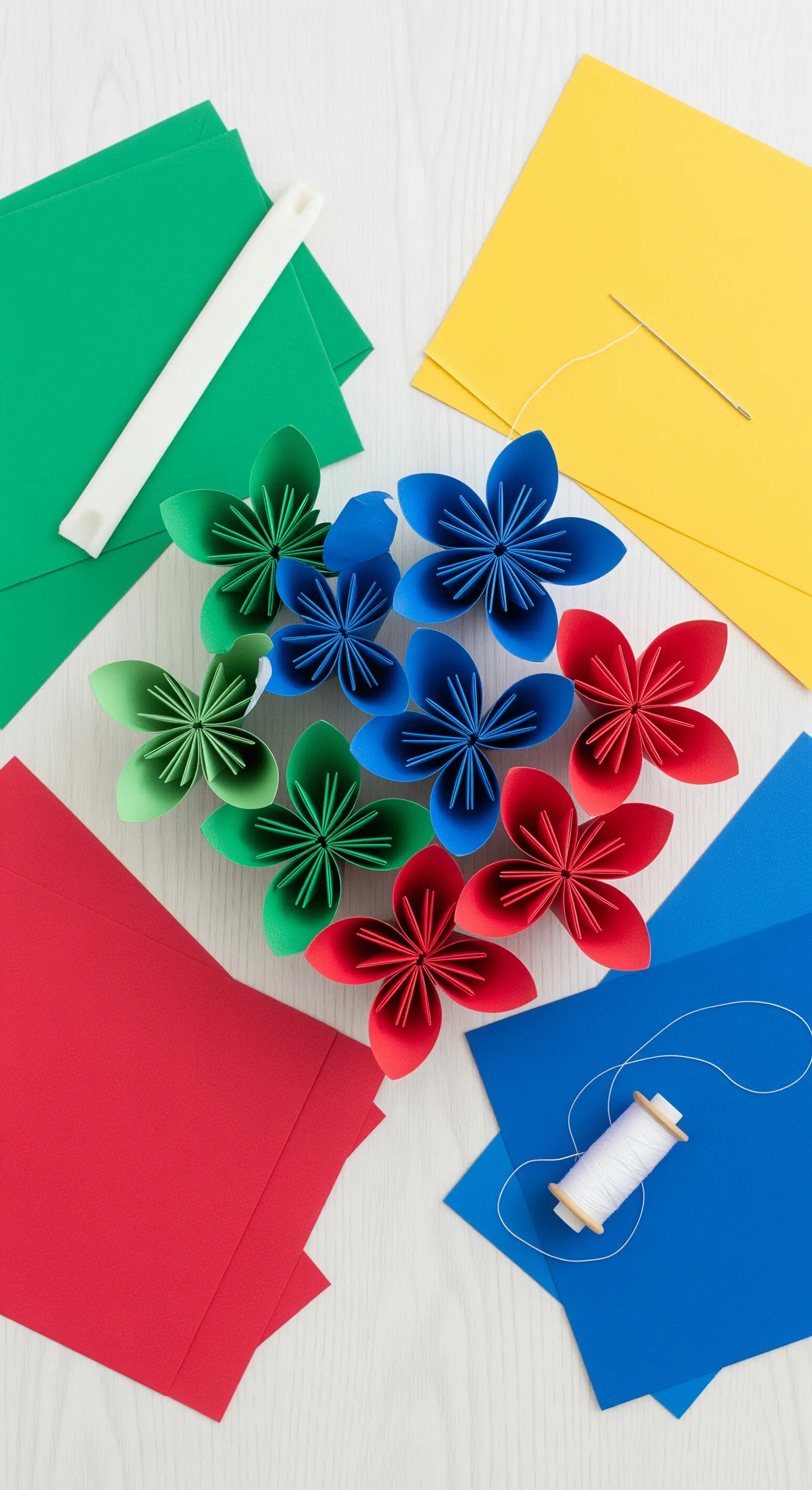 Materiali per origami: cartoncini colorati, filo, ago e piegacarta su un tavolo bianco.