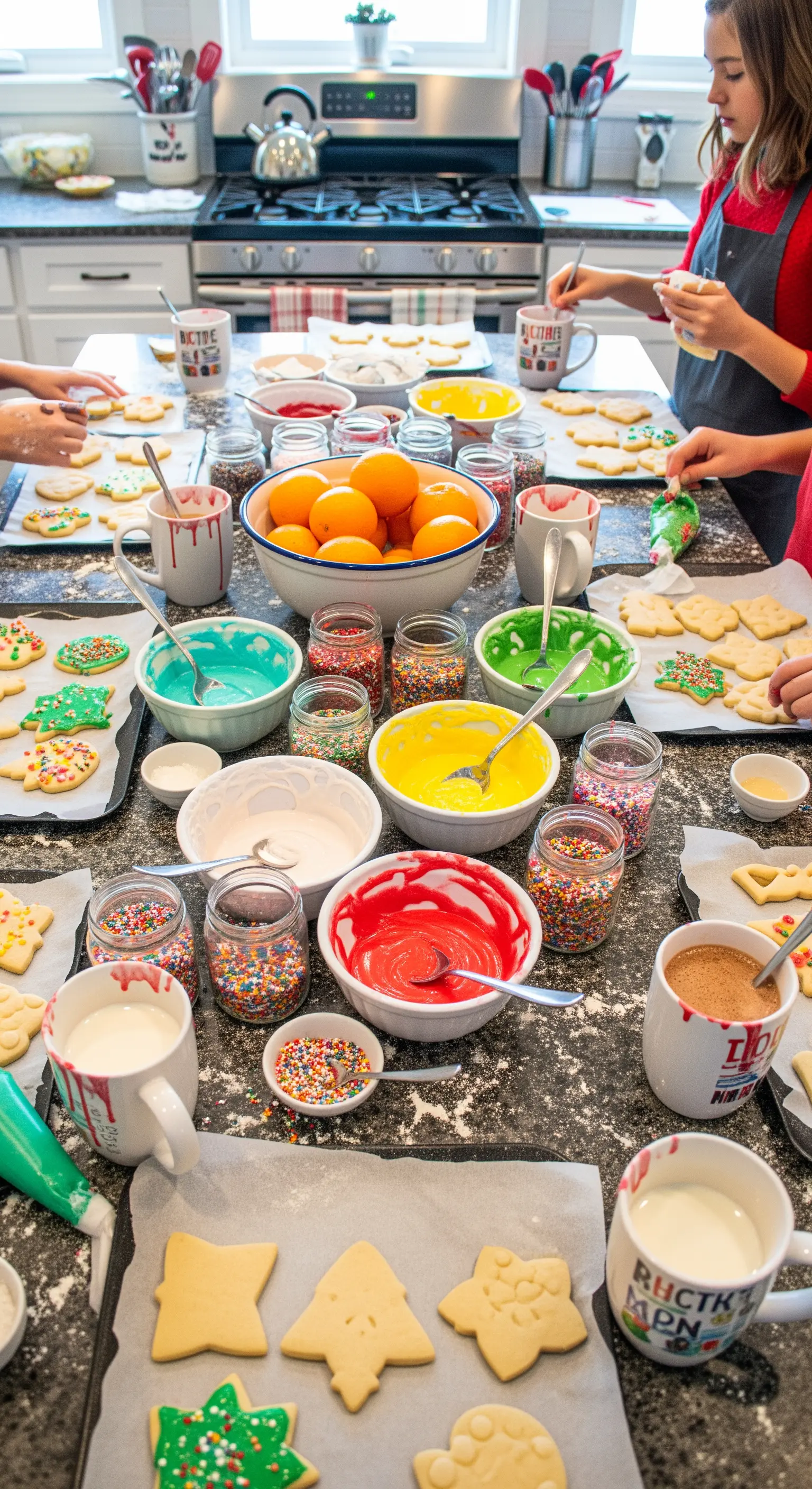 Tavolo da cucina pieno di ciotole con glasse colorate e bambini che decorano biscotti di Natale.