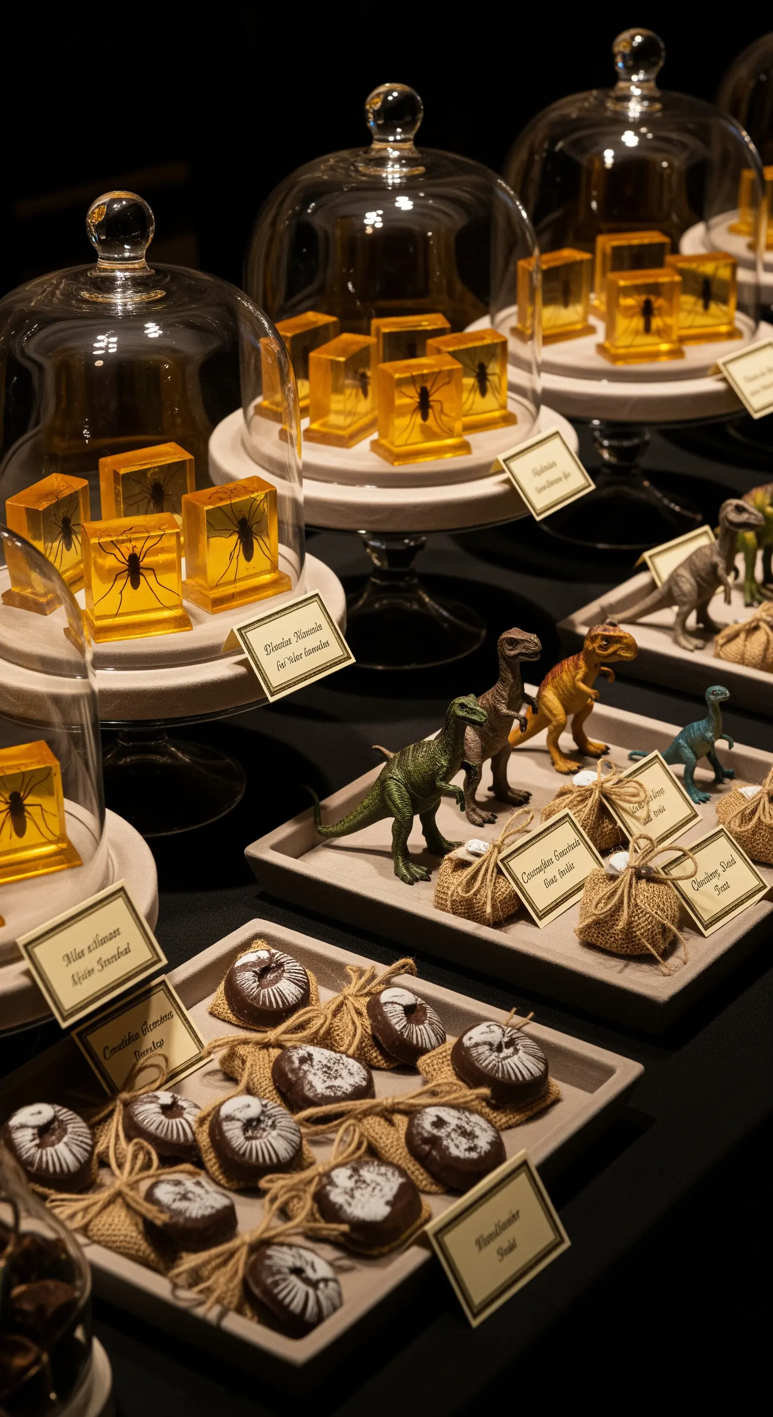 Buffet di dolci con insetti finti nell'ambra e cioccolatini a forma di fossile.