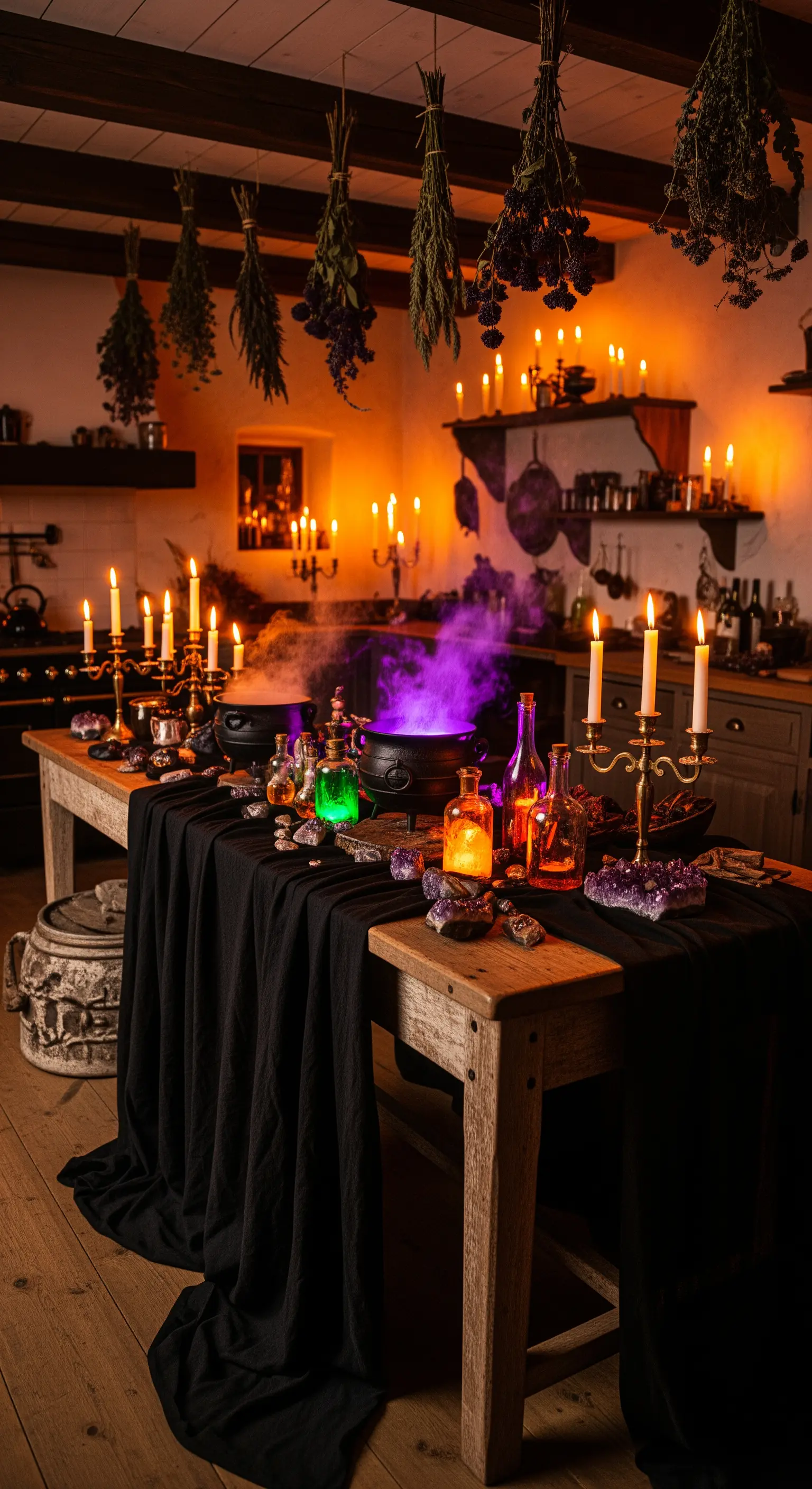Cucina rustica allestita come un laboratorio di pozioni con calderone fumante e candele.