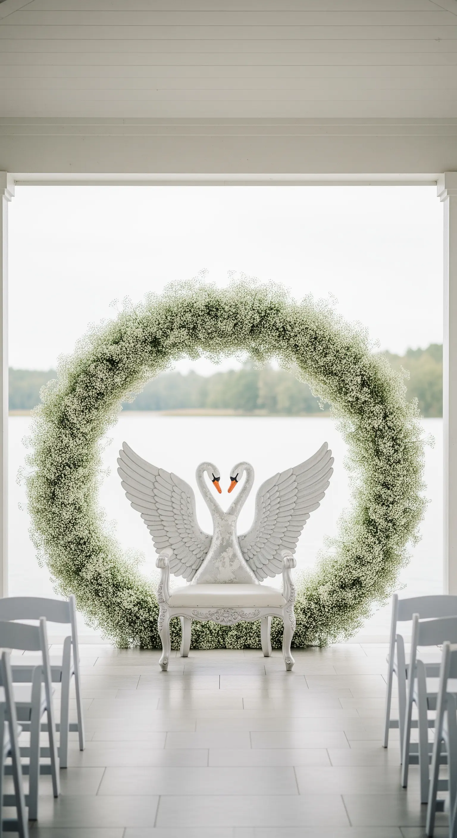 Panca a forma di cigni bianchi incorniciata da una ghirlanda di gypsophila.