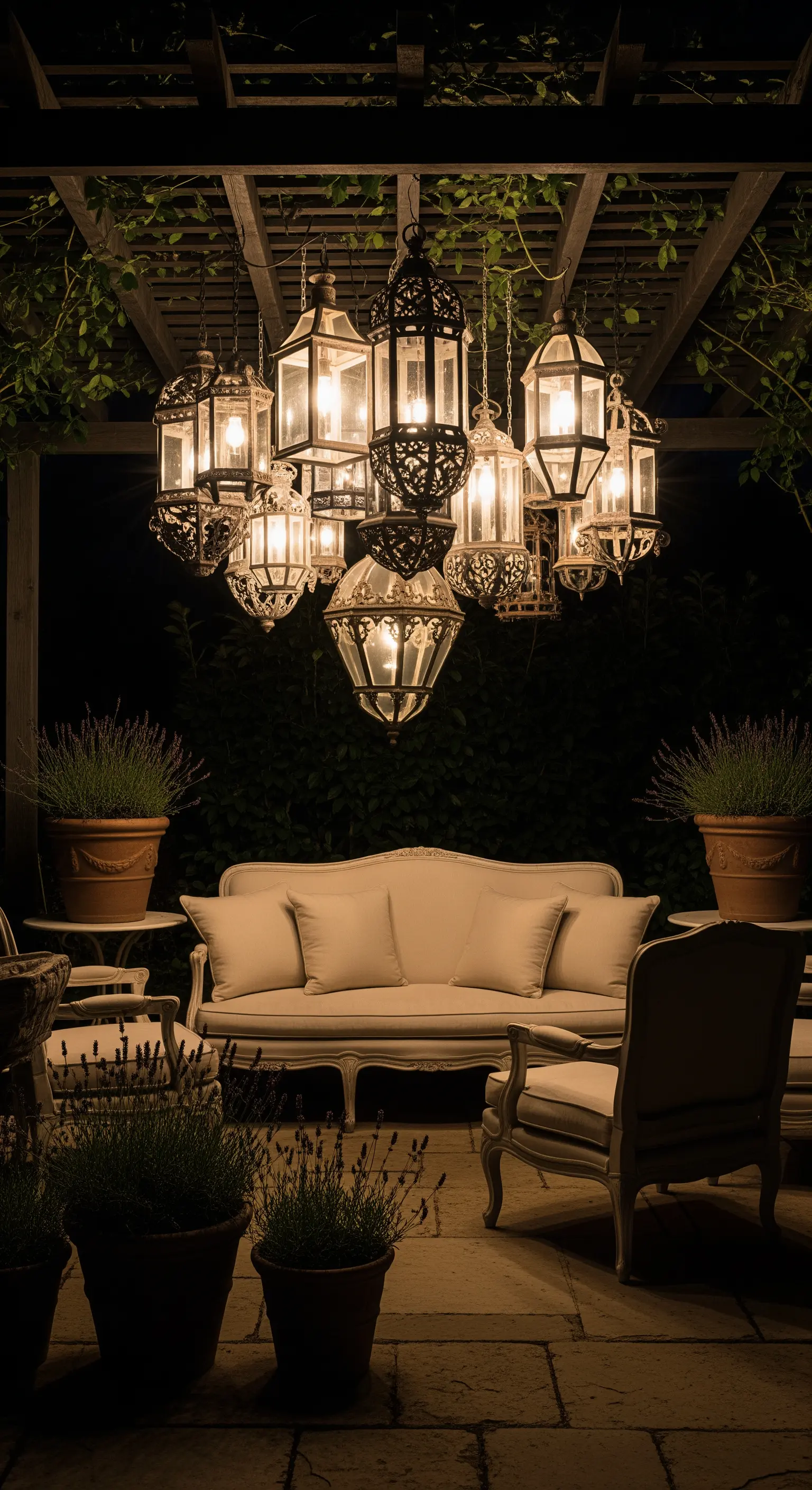 Un grande lampadario composto da tante lanterne vintage illumina un salotto da esterno.