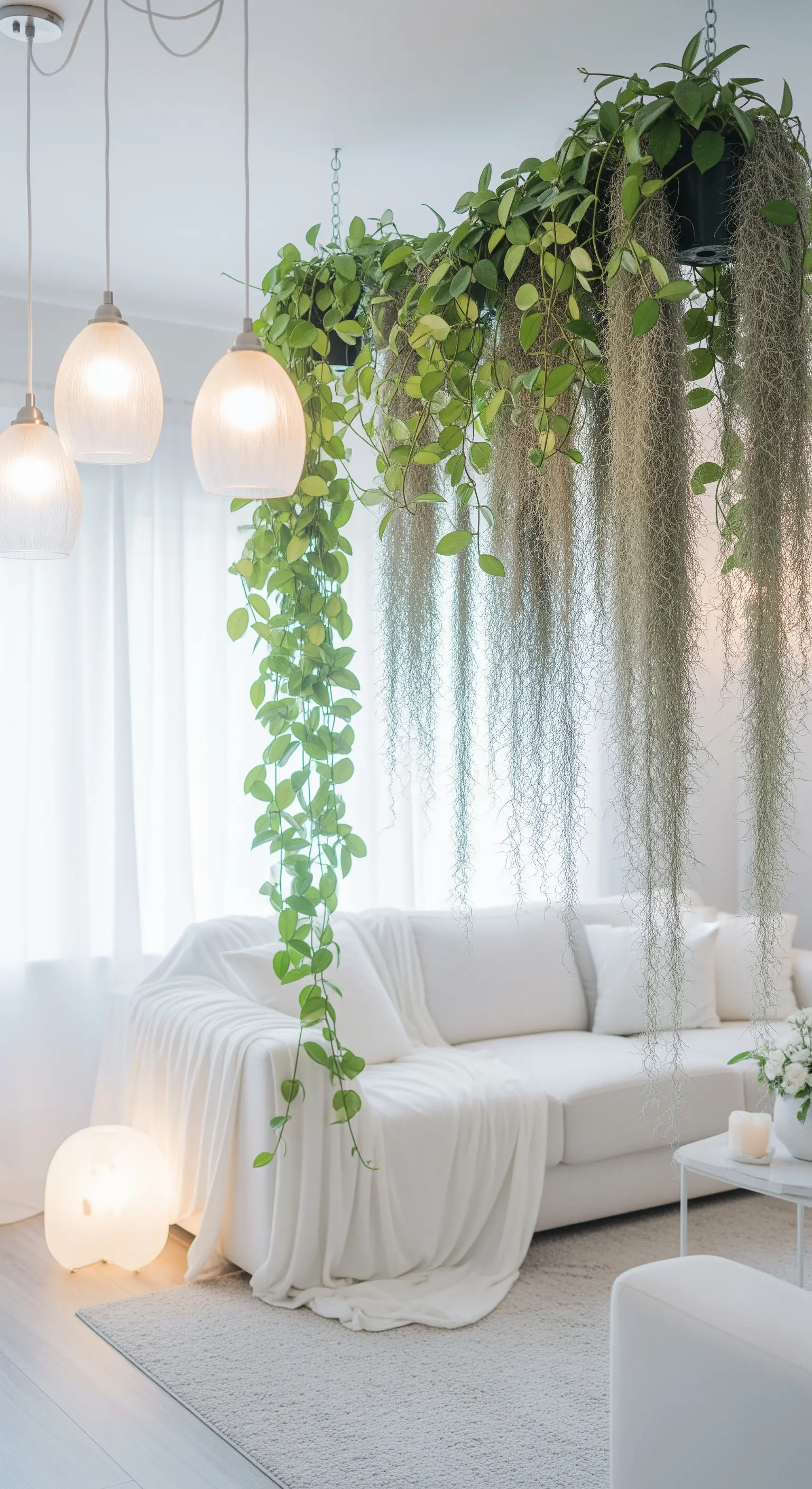Installazione di piante ricadenti sospese sopra un divano bianco in un ambiente etereo.