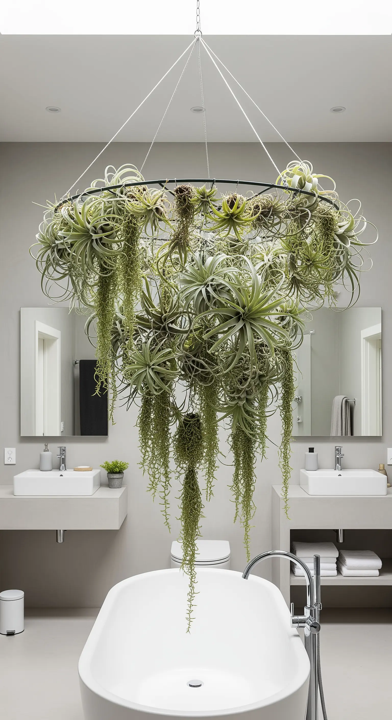 Grande lampadario circolare realizzato con piante aeree e succulente pendenti sopra la vasca.