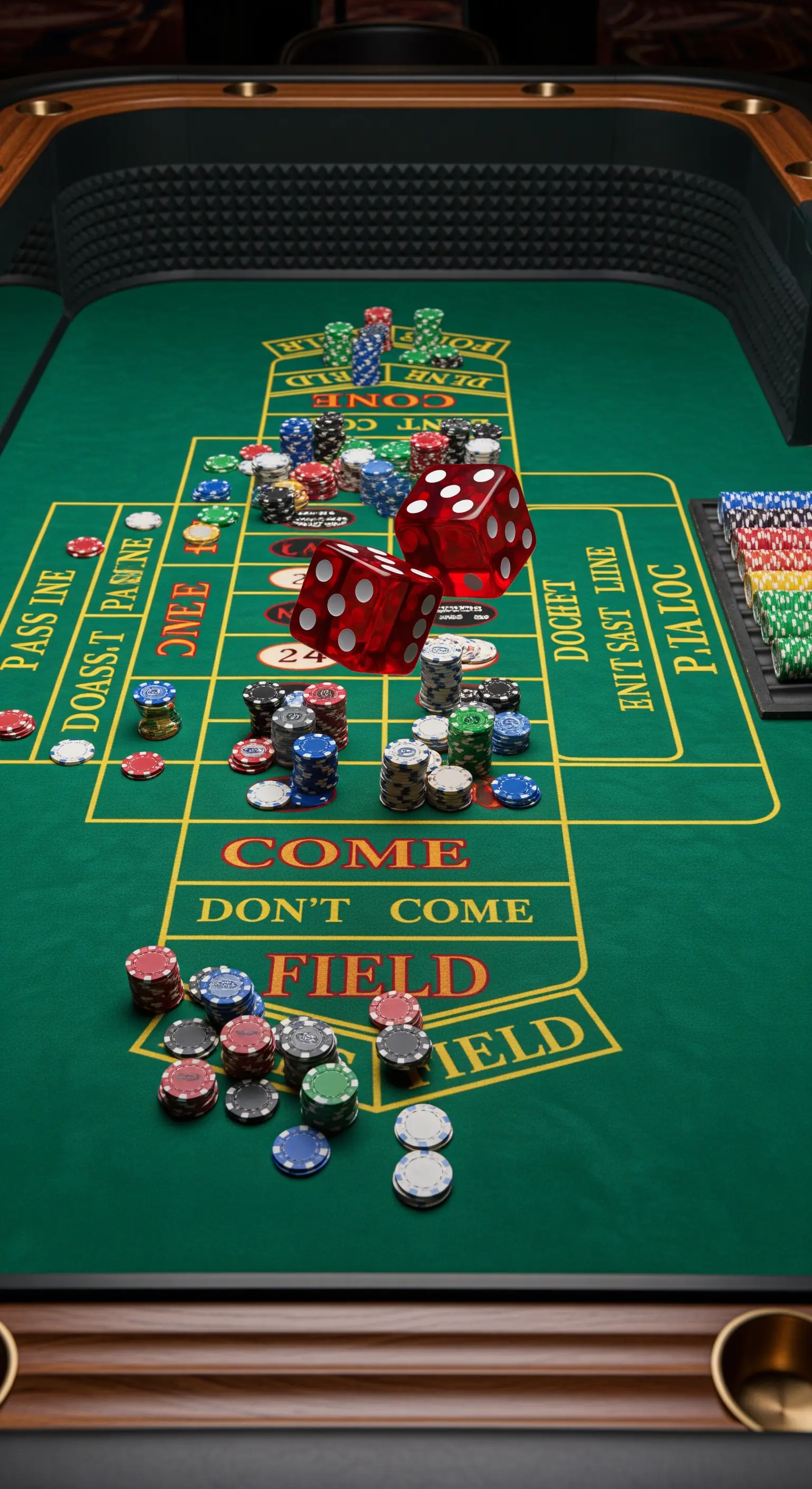 Dadi rossi giganti sospesi a mezz'aria sopra un tavolo da craps pieno di fiches colorate.