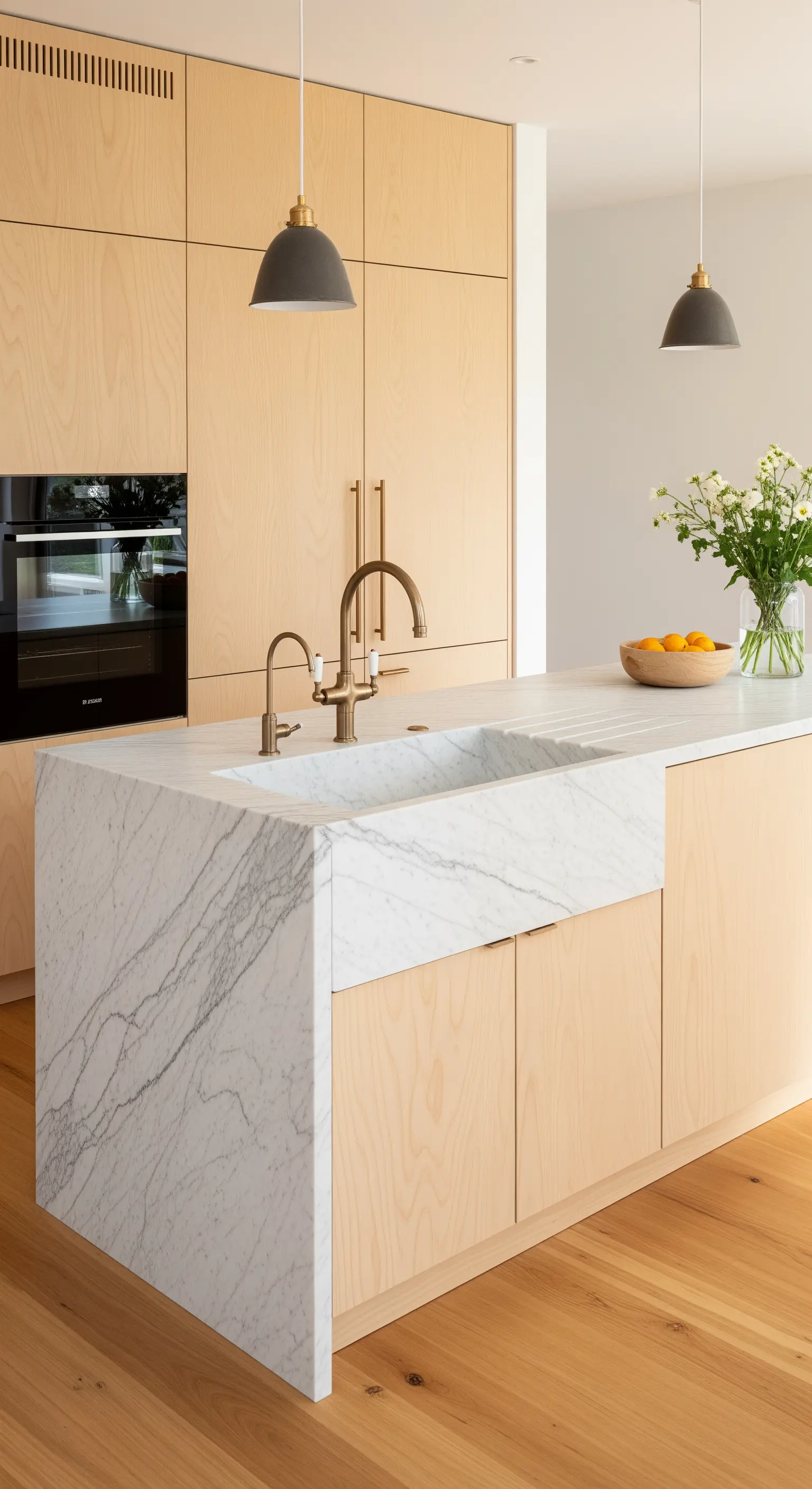 Isola cucina con lavello integrato in marmo di Carrara e mobili in legno di frassino.