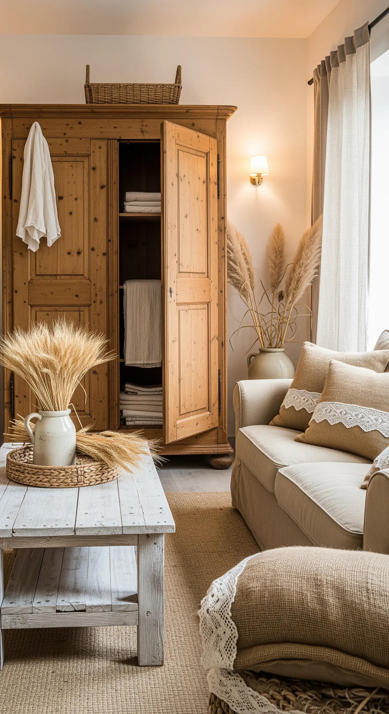 Soggiorno rustico con armadio in legno grezzo, divano beige e decorazioni naturali.