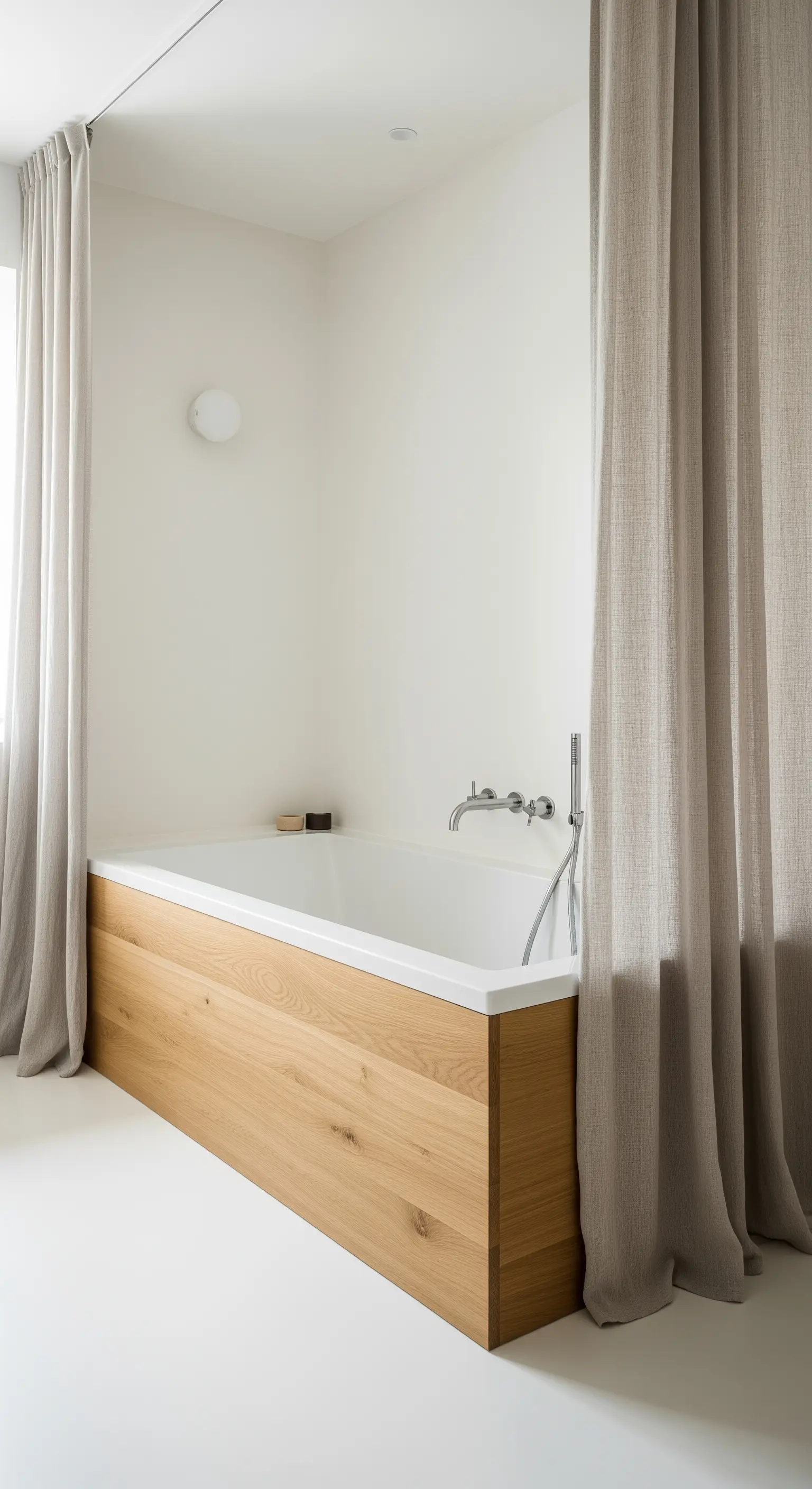 Vasca da bagno con pannello frontale in legno chiaro, incorniciata da tende in lino.