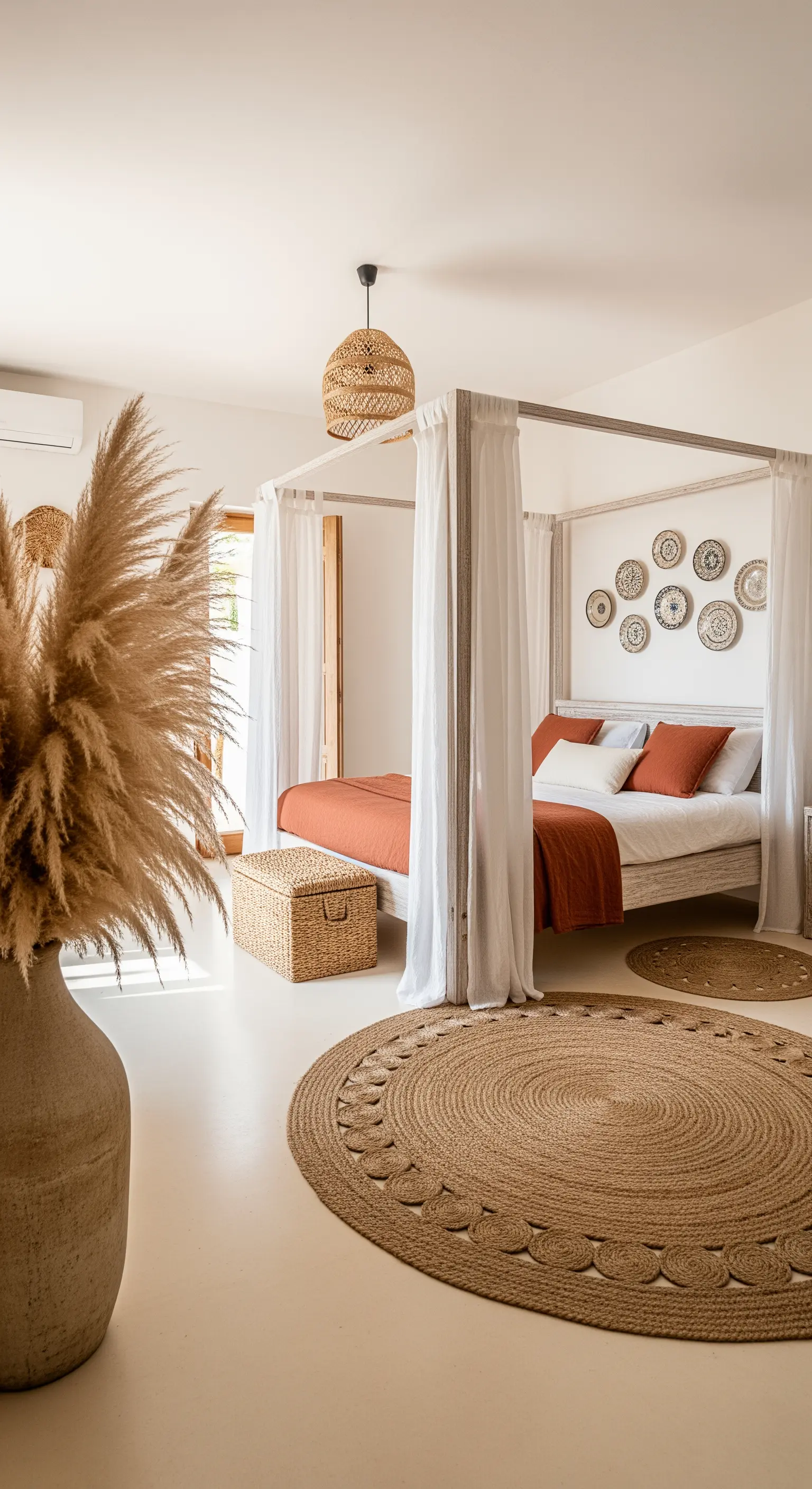 Camera da letto con letto a baldacchino in legno, tende bianche e tappeti rotondi in juta.