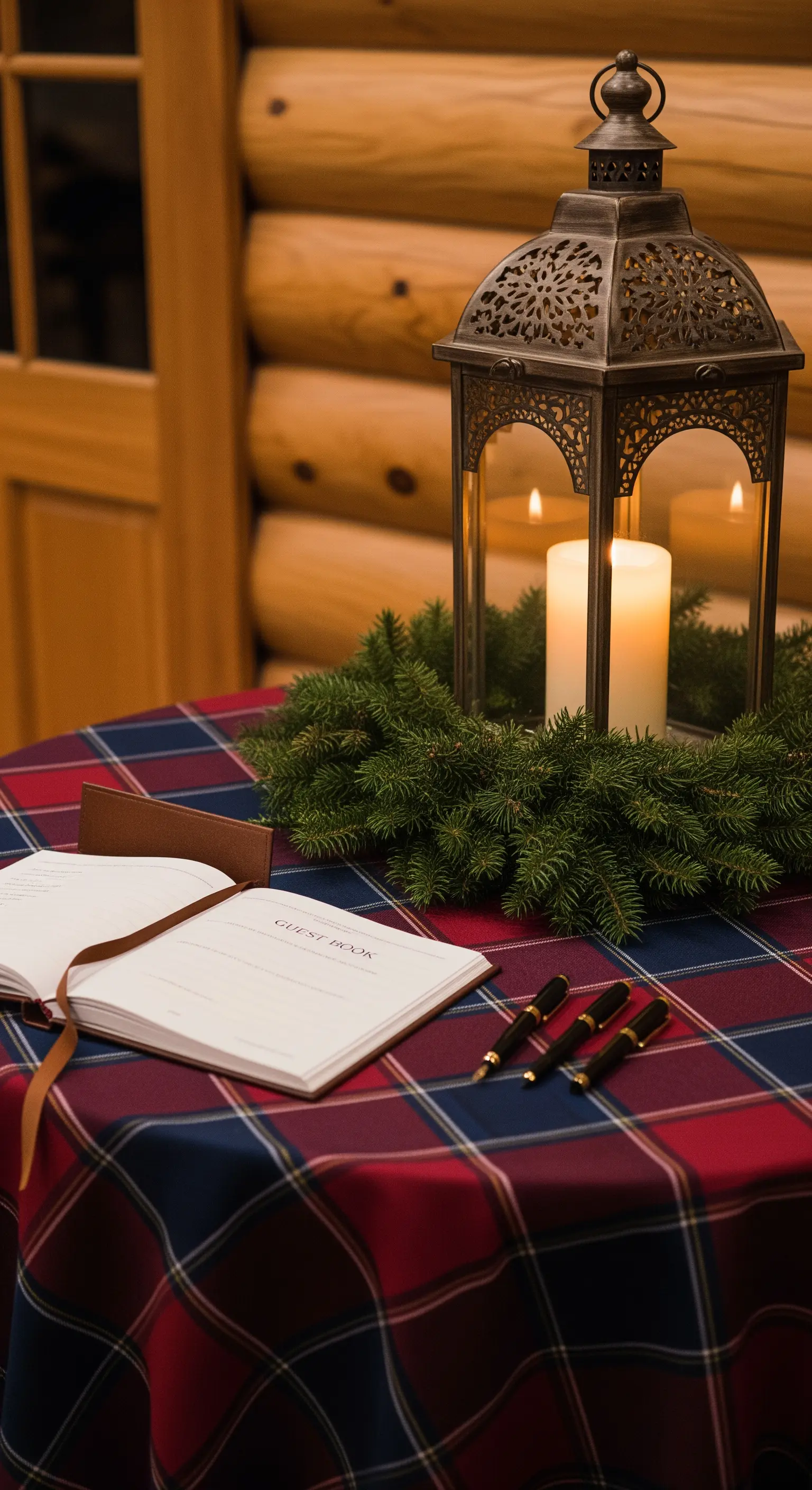 Tavolino con guest book aperto, penne e una lanterna, su una tovaglia scozzese.