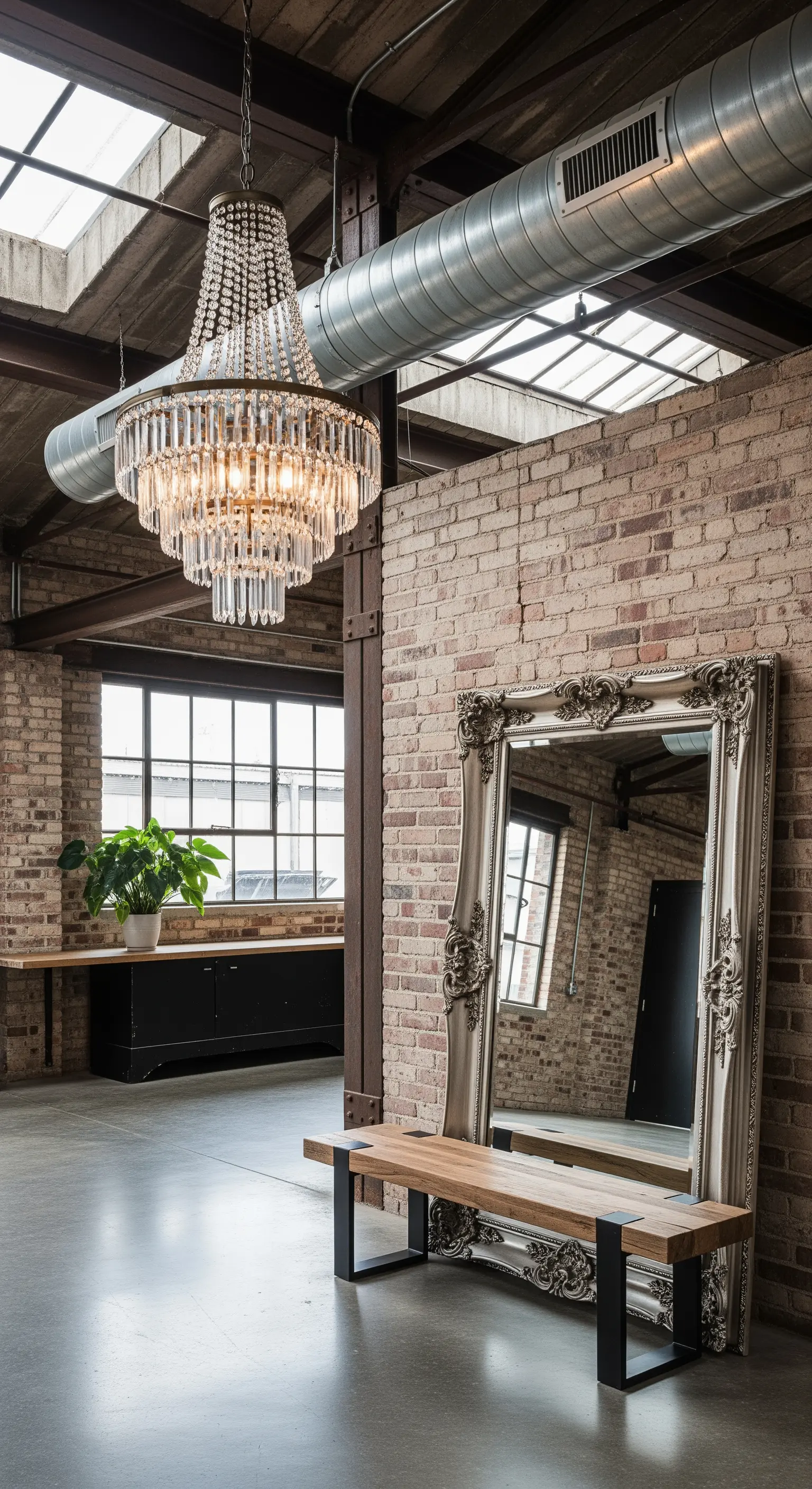 Loft industriale con lampadario in cristallo e un grande specchio barocco appoggiato a una parete di mattoni.