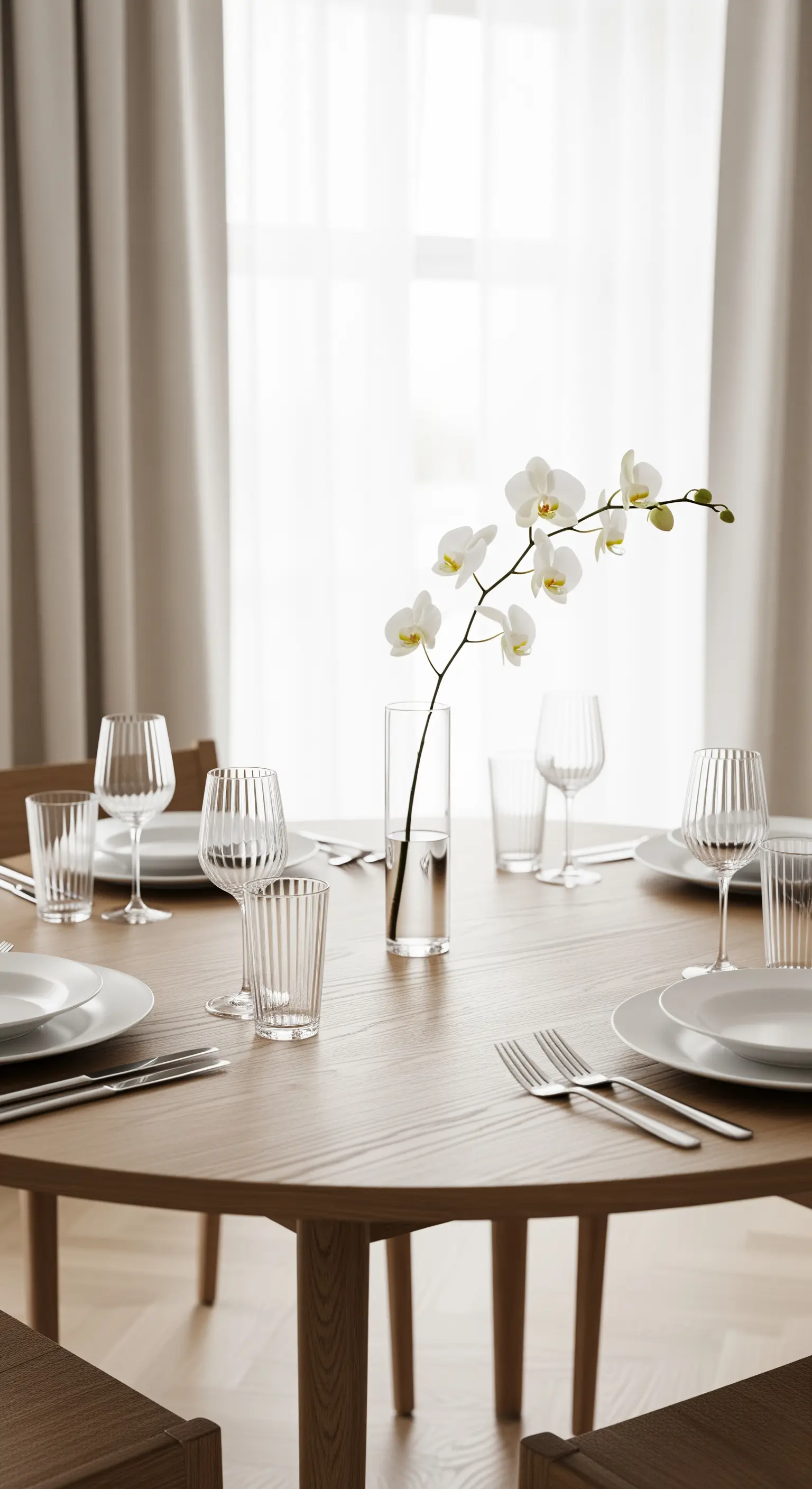 Tavola natalizia minimalista con tavolo in legno e un'orchidea bianca in un vaso di vetro.